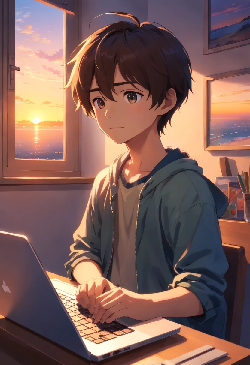 best quality, 4k, highres, masterpiece:1.2, movie still, 1boy sitting close to window with its laptop, detailed face, detailed fingers, sunlight streaming through the window casting warm soft lighting, sunset, close-up of the boy's happy expression, vibrant colors, peaceful atmosphere, cozy and inviting environment, tranquil and serene ambiance, realistic and lifelike rendering, intricate details of the laptop keyboard and screen, delicate highlights and shadows, ultra-fine painting, sharp focus on the boy's face, soft and smooth skin texture, vivid colors of the sunset, bokeh effect in the background, cinematic composition, professional grade photography, aesthetically pleasing and visually captivating, emotion and storytelling in a single frame, capturing a moment of introspection and creativity, the boy immersed in his own world, a sense of calm and contentment.