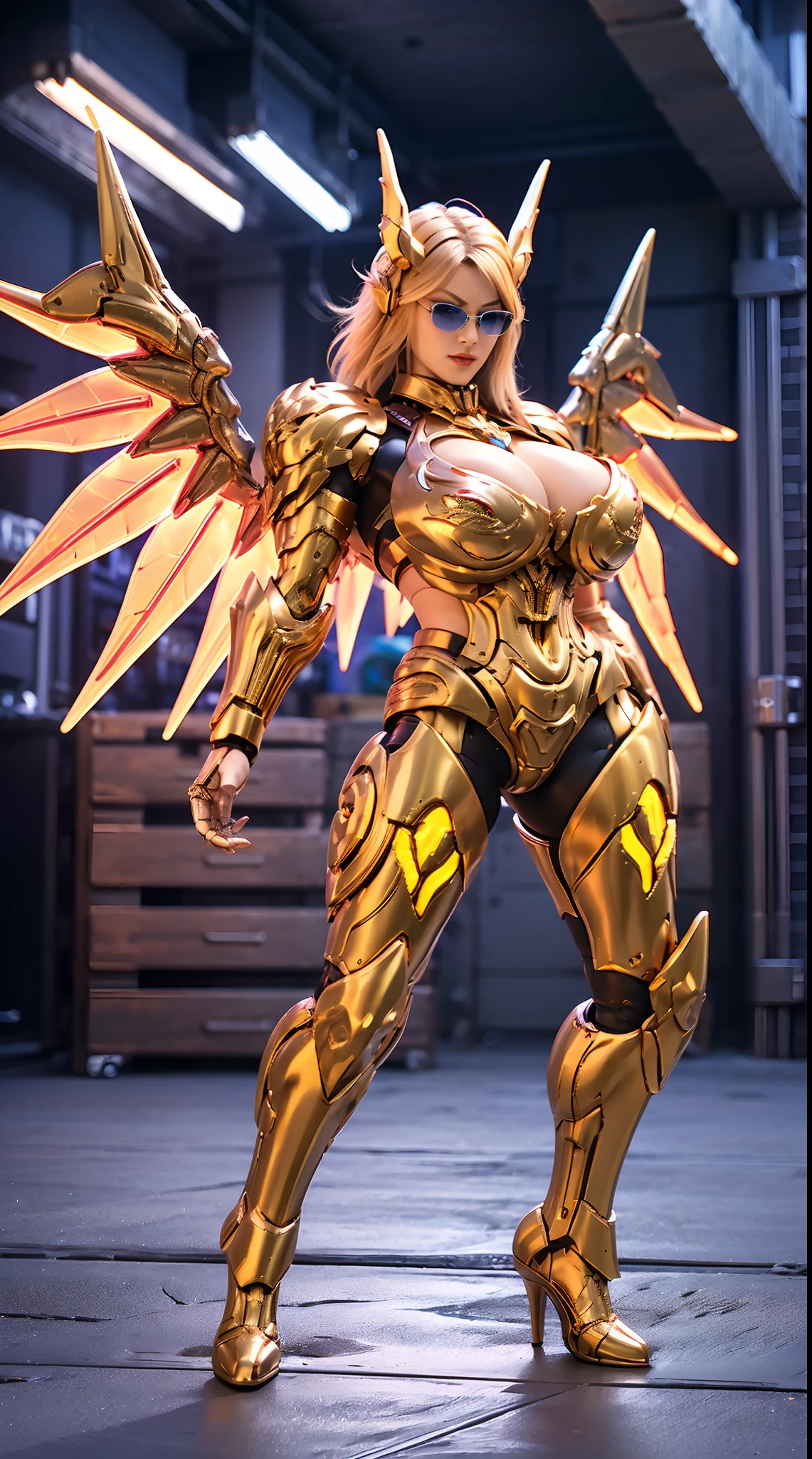 (Nsfw:1), (DRAGON HEAD), HUGE FAKE BOOBS, (BEAUTIFUL FACE), (BLONDE HAIR), (RGB:1), (TACTICAL GLASSES:1.3), (MECHA ARMORED GEAR), (((A PAIR OF HUGE MECHANICAL WINGS SPREAD OUT))), FUTURISTIC DRAGON MECHA SUIT, (CLEAVAGE), (SKINTIGHT YOGA PANTS), (PERFECT BODY:1.2), (FULL BODY VIEW), FRONT, (STANDING:1), (MECHANICAL HIGH HEELS), MUSCLE ABS, UHD, 8K, 1080P.