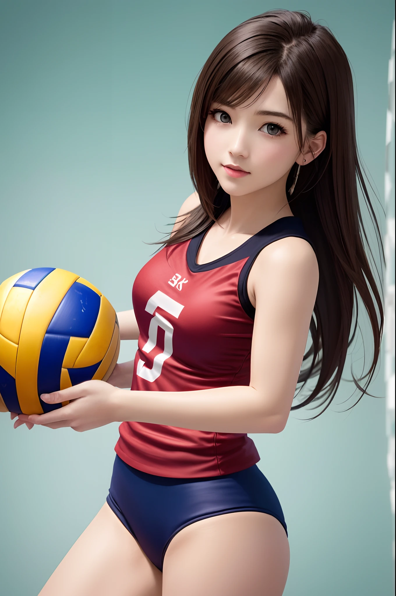8K,top-quality,Real Image,intricate detailes,超A high resolution,Depth Field,masuter piece,natural soft light,profetional lighting,1 girl in,(cute little:1.2),Very beautiful 17 year old cartoon girl, photorealistic anime girl render, realistic anime 3 d style,A detailed eye,((Brown-eyed)),(Brown hair),(bangss), (((FF7)))(((Tifa))),(Tifa:1.2,Solo), Blake Super Detail Face, Detailed eyes, (light brown hair, Large breasts: 1.2), (Tifa in volleyball uniform:1.7),Gymnasium