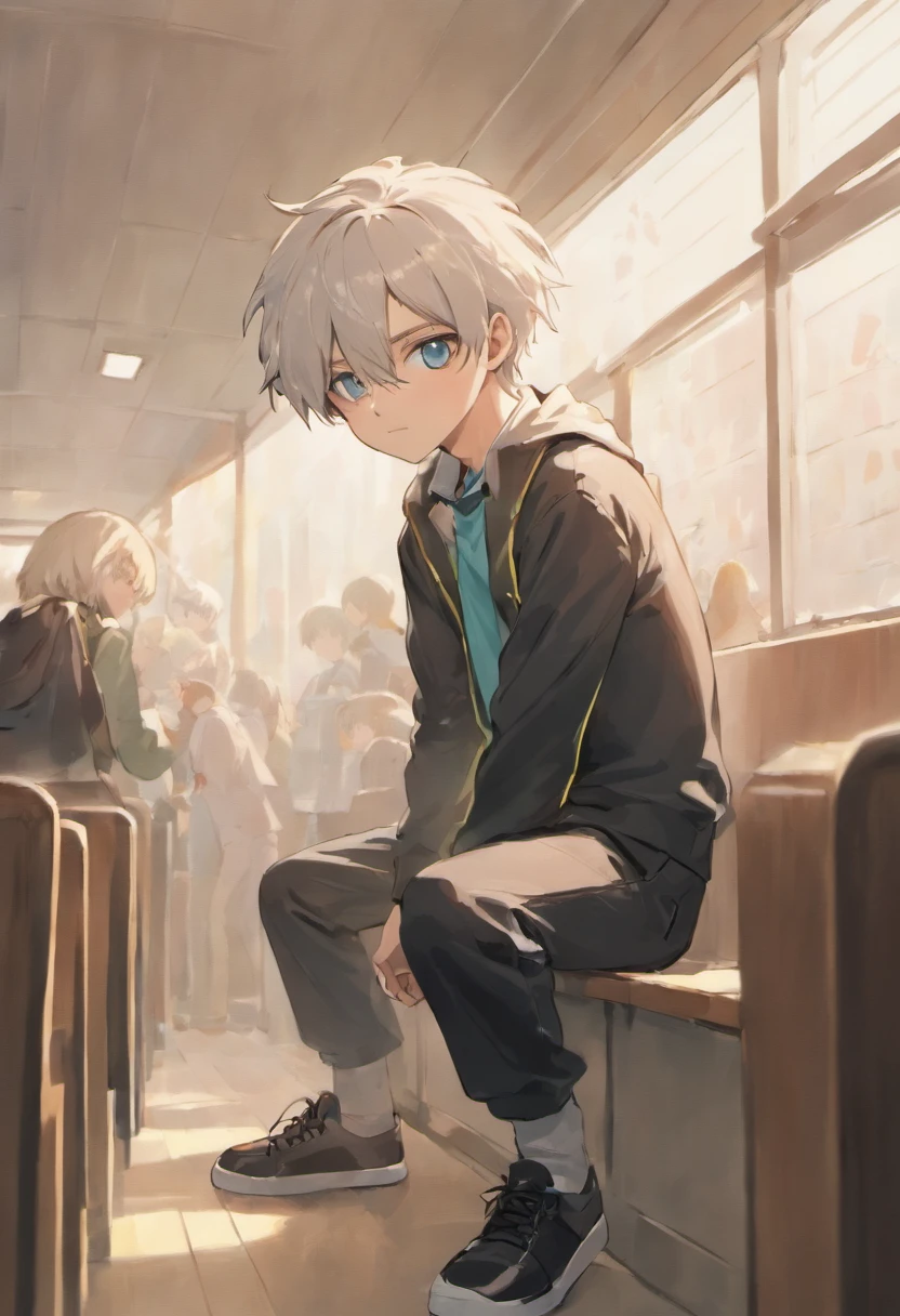 By the window of a high school classroom，There is a white-haired little Shota in the Japanese manga leaning against the wall。His hair was as white as snow，Slightly messy，It gives a playful and cute feeling。His green eyes were bright and shining，Reveals a hint of intelligence and curiosity。He wears a school uniform，The top is a short-sleeved shirt，The bottom is black trousers，Feet on a pair of white sneakers。Most strikingly，He wears a pair of cute cat ears，This makes him even more endearing and charming。
