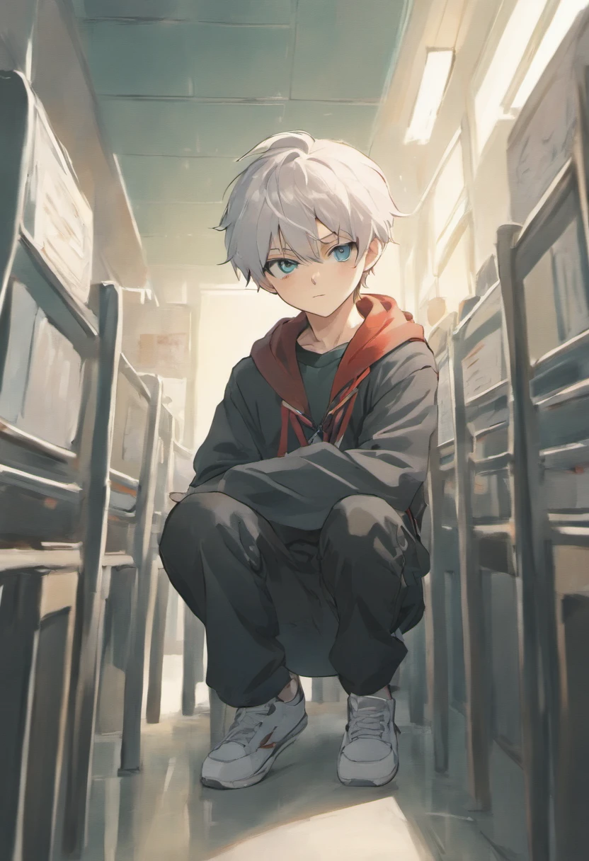 By the window of a high school classroom，There is a white-haired little Shota in the Japanese manga leaning against the wall。His hair was as white as snow，Slightly messy，It gives a playful and cute feeling。His green eyes were bright and shining，Reveals a hint of intelligence and curiosity。He wears a school uniform，The top is a short-sleeved shirt，The bottom is black trousers，Feet on a pair of white sneakers。Most strikingly，He wears a pair of cute cat ears，This makes him even more endearing and charming。
