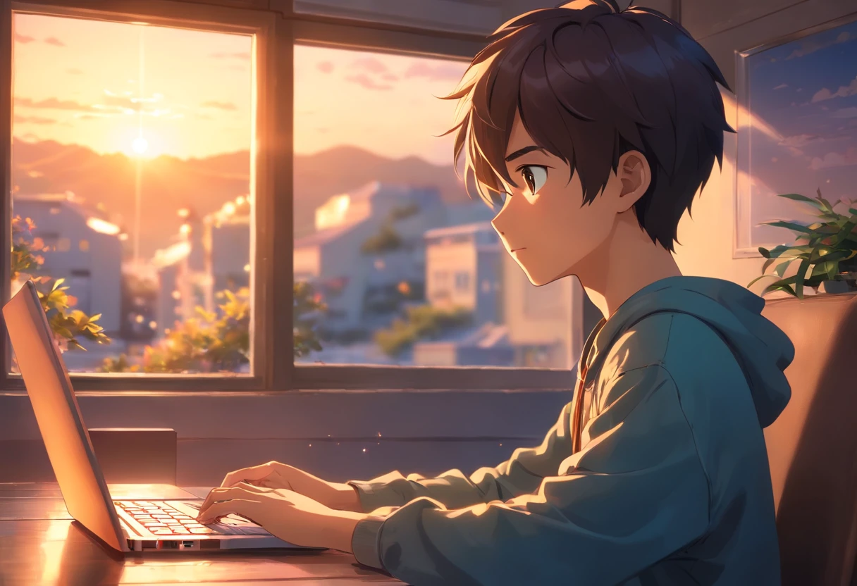 best quality, 4k, highres, masterpiece:1.2, movie still, 1boy sitting close to window with its laptop, detailed face, detailed fingers, sunlight streaming through the window casting warm soft lighting, sunset, close-up of the boy's happy expression, vibrant colors, peaceful atmosphere, cozy and inviting environment, tranquil and serene ambiance, realistic and lifelike rendering, intricate details of the laptop keyboard and screen, delicate highlights and shadows, ultra-fine painting, sharp focus on the boy's face, soft and smooth skin texture, vivid colors of the sunset, bokeh effect in the background, cinematic composition, professional grade photography, aesthetically pleasing and visually captivating, emotion and storytelling in a single frame, capturing a moment of introspection and creativity, the boy immersed in his own world, a sense of calm and contentment.