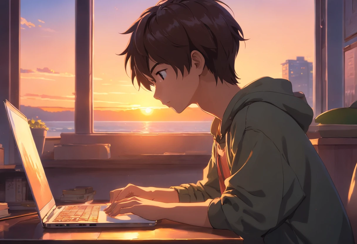 best quality, 4k, highres, masterpiece:1.2, movie still, 1boy sitting close to window with its laptop, detailed face, detailed fingers, sunlight streaming through the window casting warm soft lighting, sunset, close-up of the boy's happy expression, vibrant colors, peaceful atmosphere, cozy and inviting environment, tranquil and serene ambiance, realistic and lifelike rendering, intricate details of the laptop keyboard and screen, delicate highlights and shadows, ultra-fine painting, sharp focus on the boy's face, soft and smooth skin texture, vivid colors of the sunset, bokeh effect in the background, cinematic composition, professional grade photography, aesthetically pleasing and visually captivating, emotion and storytelling in a single frame, capturing a moment of introspection and creativity, the boy immersed in his own world, a sense of calm and contentment.