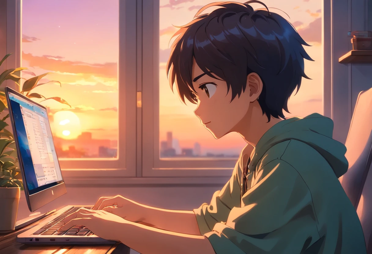 best quality, 4k, highres, masterpiece:1.2, movie still, 1boy sitting close to window with its laptop, detailed face, detailed fingers, sunlight streaming through the window casting warm soft lighting, sunset, close-up of the boy's happy expression, vibrant colors, peaceful atmosphere, cozy and inviting environment, tranquil and serene ambiance, realistic and lifelike rendering, intricate details of the laptop keyboard and screen, delicate highlights and shadows, ultra-fine painting, sharp focus on the boy's face, soft and smooth skin texture, vivid colors of the sunset, bokeh effect in the background, cinematic composition, professional grade photography, aesthetically pleasing and visually captivating, emotion and storytelling in a single frame, capturing a moment of introspection and creativity, the boy immersed in his own world, a sense of calm and contentment.