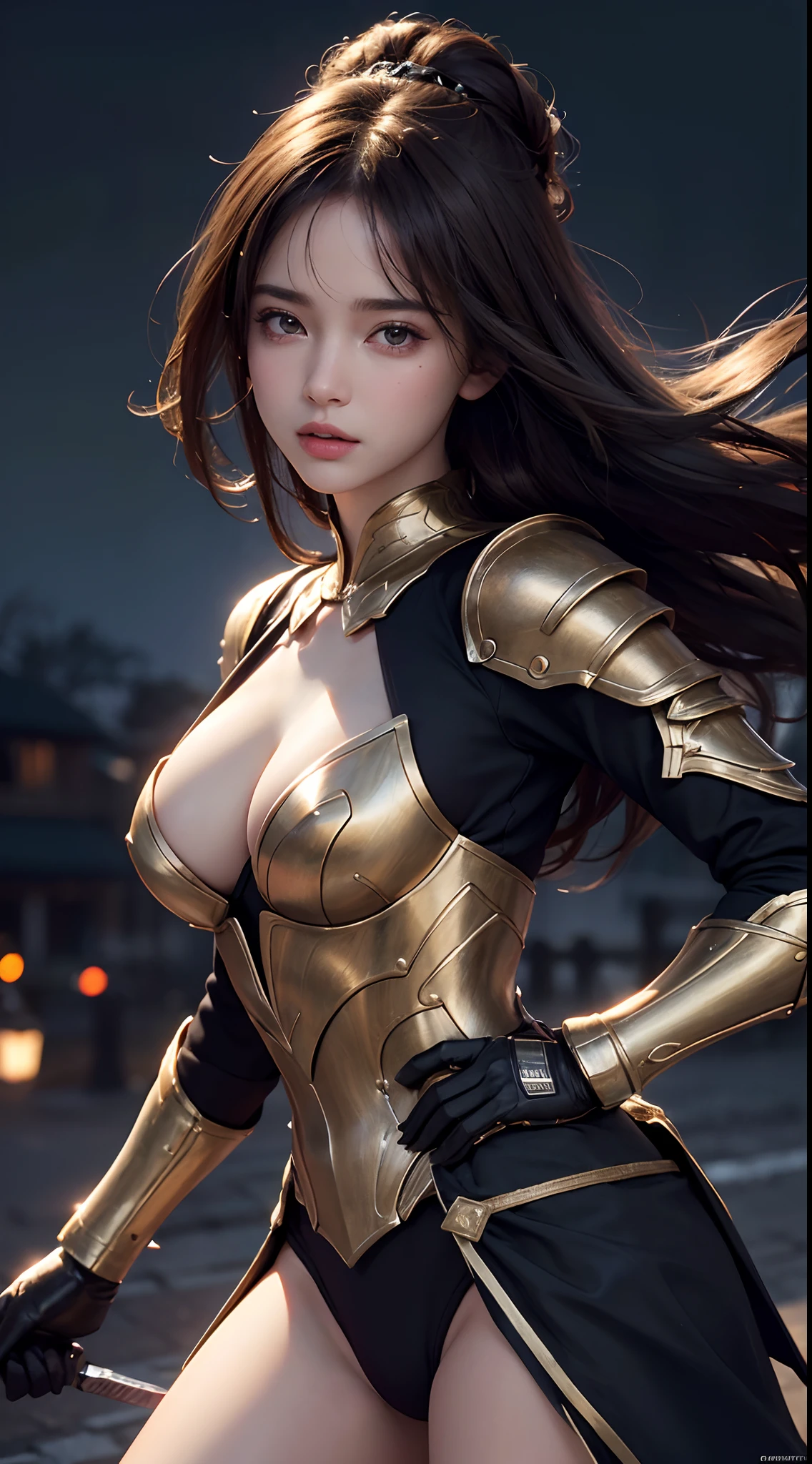 Realistic lighting, Top Quority, 8K Resolution, (masterpiece: 1.3), (Clear focus: 1.2),1 Girl, delicate face, big double eyelids, Sexy expression, Body perfect anatomy, (perfect body: 1.6), (large chest 1.7), long and dark brown hair, (best chest: 1.8), armor, long knife, magia, exterior, (night: 1.1 ),1080p, hyper HD, textureskin, super detailed, best quality, high detail, highest quality.