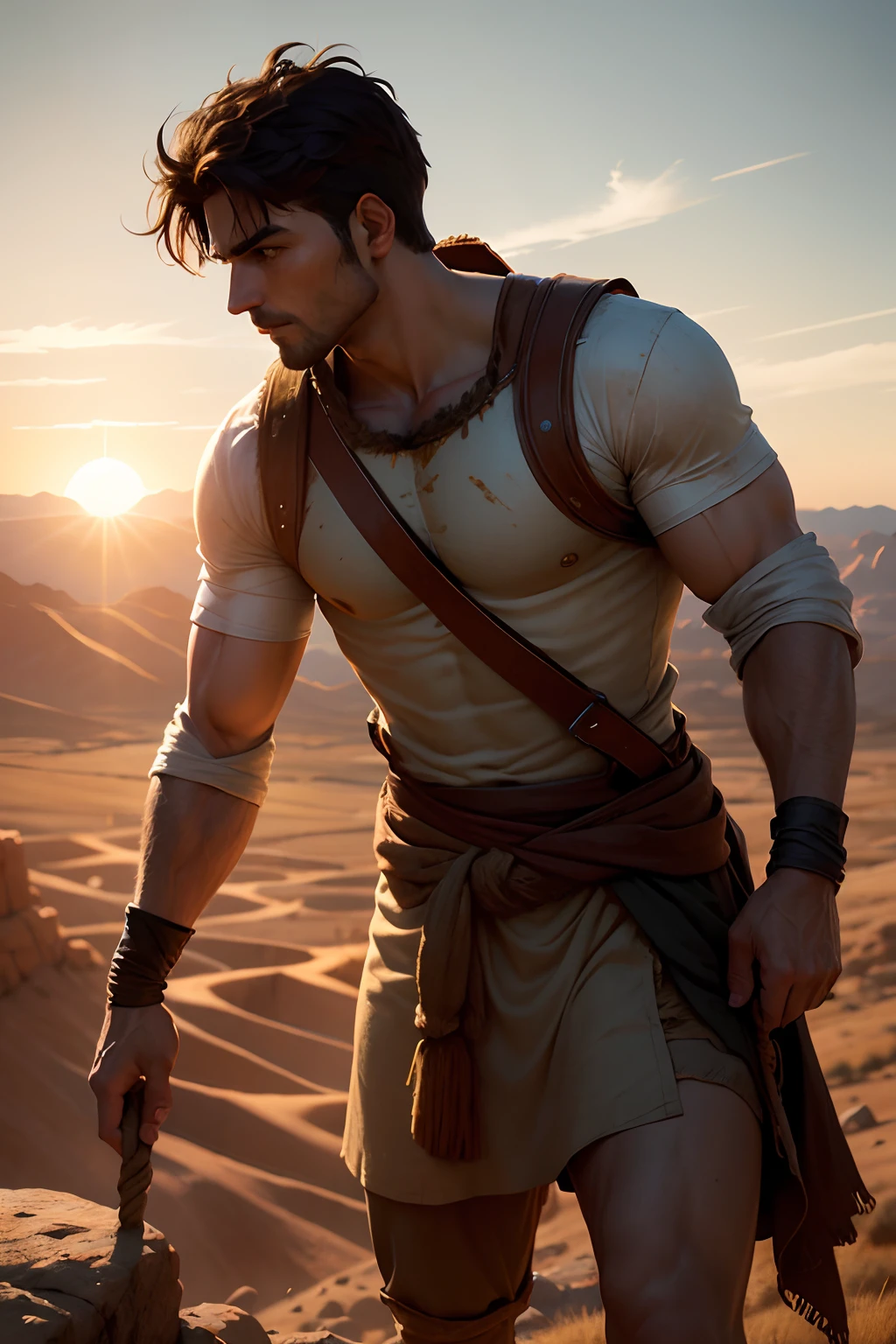 Develop a realistic and engaging image that depicts the famous moment in the Bible when David, a young shepherd, faces Goliath, the giant warrior of the Philistines. The scene is set in a rocky, desert valley, with the sunset sun casting a golden light over the scenery. David, dressed in simple shepherd's clothing, is to be depicted holding his sling and picking stones from the ground. He must express courage and determination on his face.