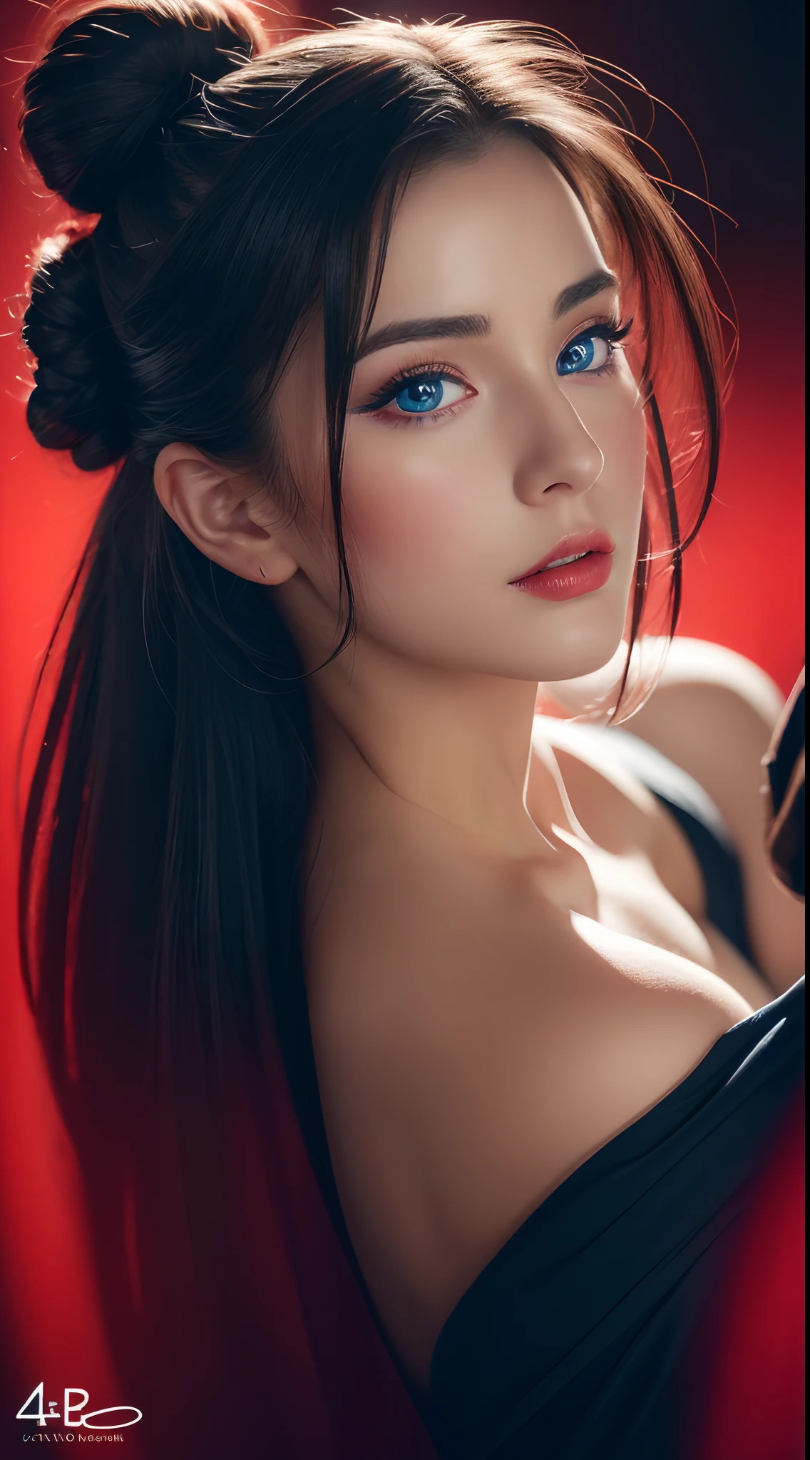 (Best quality,4K,8K,A high resolution,Masterpiece:1.2),Ultra-detailed,(Realistic,Photorealistic,photo-realistic:1.37),beautiful detailed blue eyes,Long black hair in a high bun,Detailed red veil,Portrait,Sharp focus,professional,Vivid colors,Dark background,Studio lighting