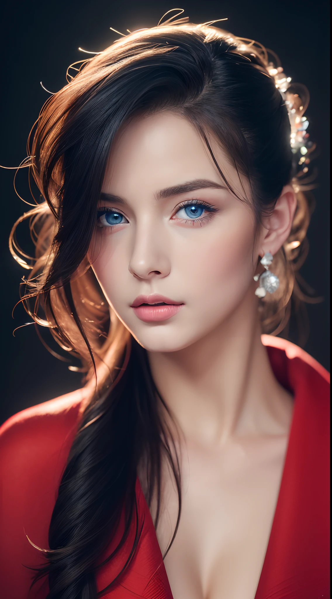 (Best quality,4K,8K,A high resolution,Masterpiece:1.2),Ultra-detailed,(Realistic,Photorealistic,photo-realistic:1.37),beautiful detailed blue eyes,Long black hair in a high bun,Detailed red veil,Portrait,Sharp focus,professional,Vivid colors,Dark background,Studio lighting