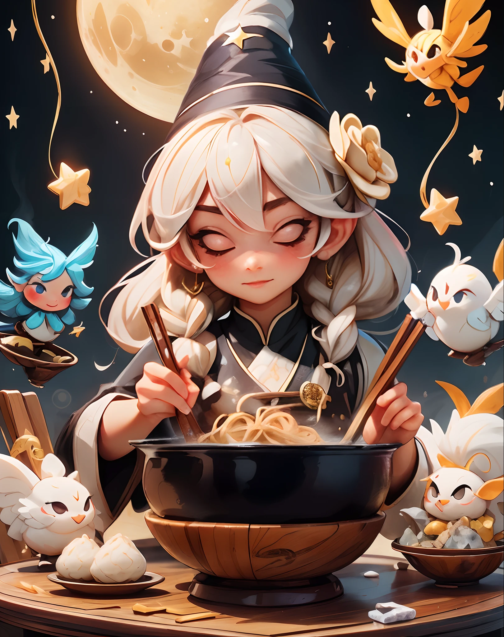 Bawan,beef noodle soup ,braised pork rice ,bubble tea ,Guabao ,iron egg ,millet mochi ,oyster omelet ,oyster vermicelli ,pan fried buns ,pepper bun ,pineapple cake ,rice noodles ,scallion pancake ,stinky tofu ,sun cake , girl, witch, magic, spell book, potion, wand, cauldron, robes, pointed hat, broomstick, mystical creatures, moon, stars, candlelight, crystals, enchanted forest, flying, levitating, casting spell,