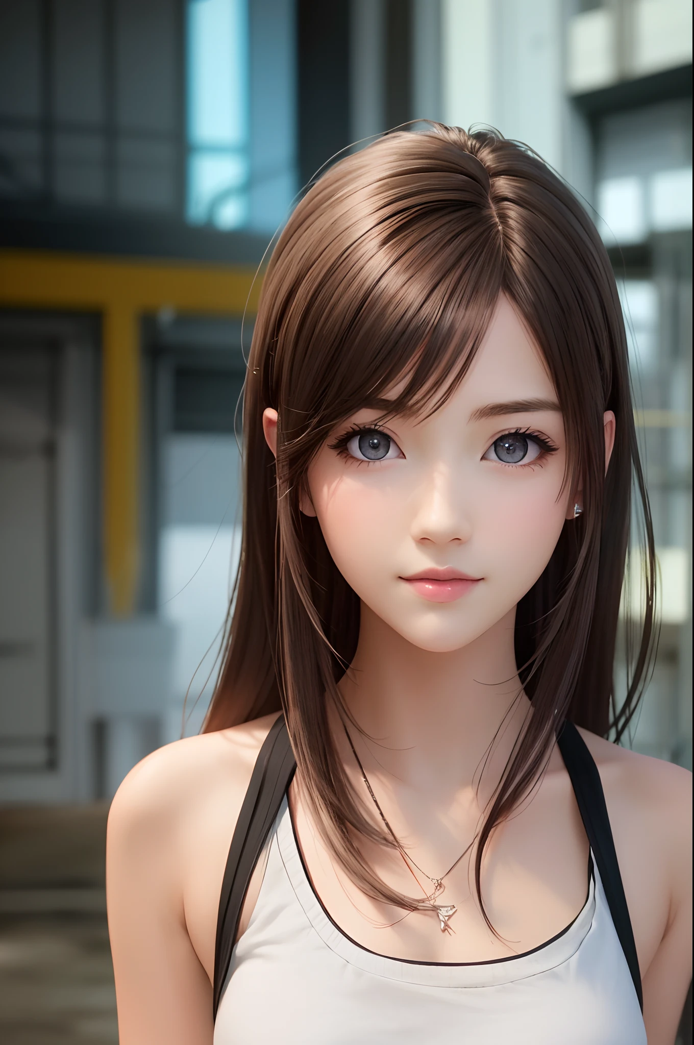 8K,top-quality,Real Image,intricate detailes,超A high resolution,Depth Field,masuter piece,natural soft light,profetional lighting,1 girl in,(cute little:1.2),Very beautiful 17 year old cartoon girl, photorealistic anime girl render, realistic anime 3 d style,A detailed eye,((Brown-eyed)),(Brown hair),(bangss), (((FF7)))(((tifa))),(tifa:1.2,Solo), Blake Super Detail Face, Detailed eyes, (light brown hair, Large breasts: 1.2), natta,cyberpunked,Industrial Zone,Lit up