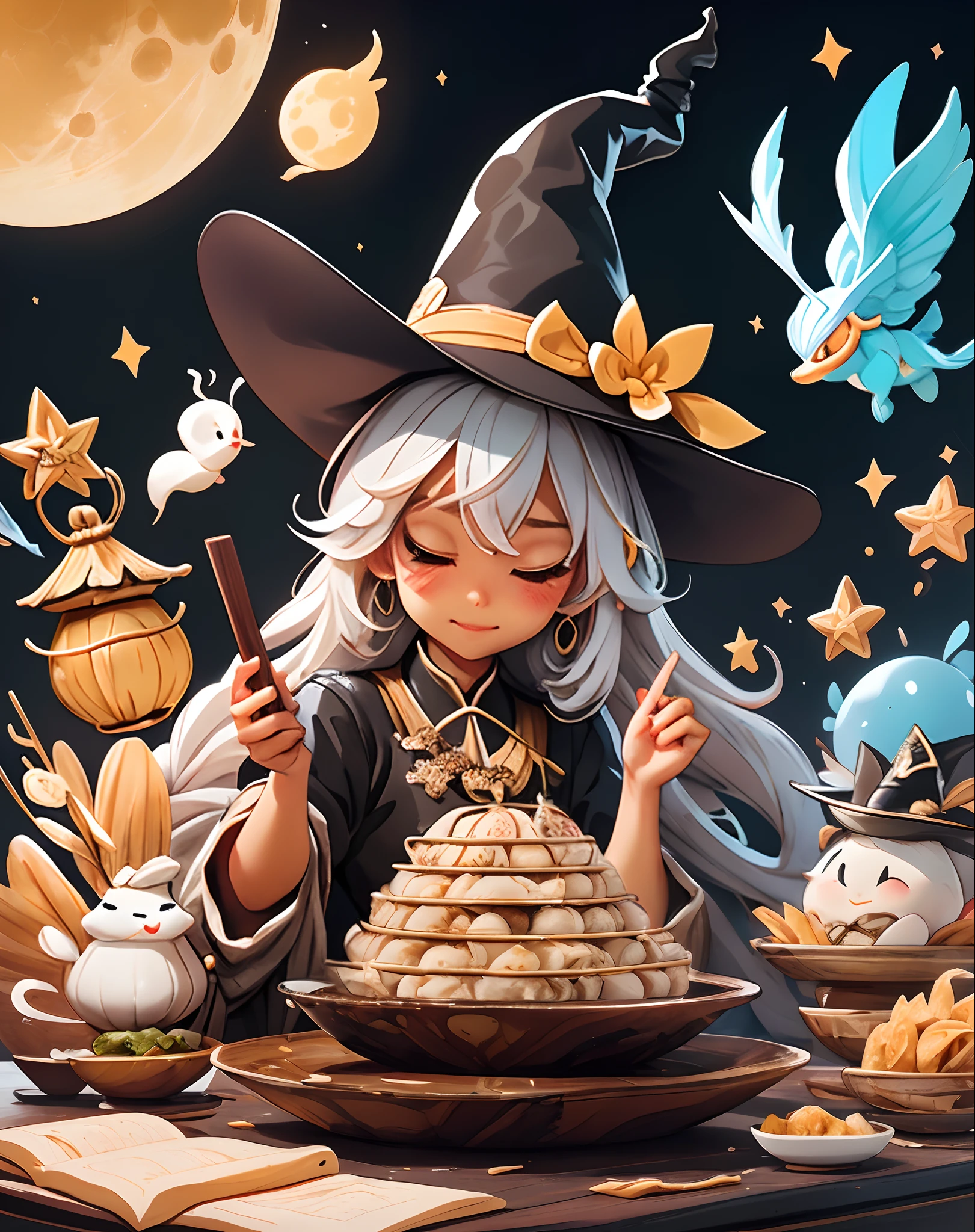 Bawan,beef noodle soup ,braised pork rice ,bubble tea ,Guabao ,iron egg ,millet mochi ,oyster omelet ,oyster vermicelli ,pan fried buns ,pepper bun ,pineapple cake ,rice noodles ,scallion pancake ,stinky tofu ,sun cake , girl, witch, magic, spell book, potion, wand, cauldron, robes, pointed hat, broomstick, mystical creatures, moon, stars, candlelight, crystals, enchanted forest, flying, levitating, casting spell,