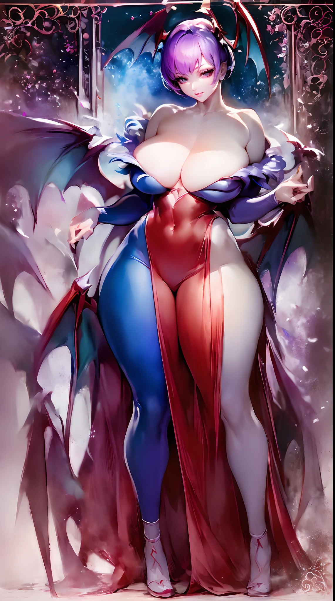 (best quality,masterpiece:1),intricate details,beautiful detailed eyes,beautiful detailed lips,extremely detailed eyes and face,longeyelashes,darkstalkers_lilith modeseven,,comic standing,innocent, full body, standing, smile, flatchest, 1character,solo focus, wings, leotard, panthyhose
