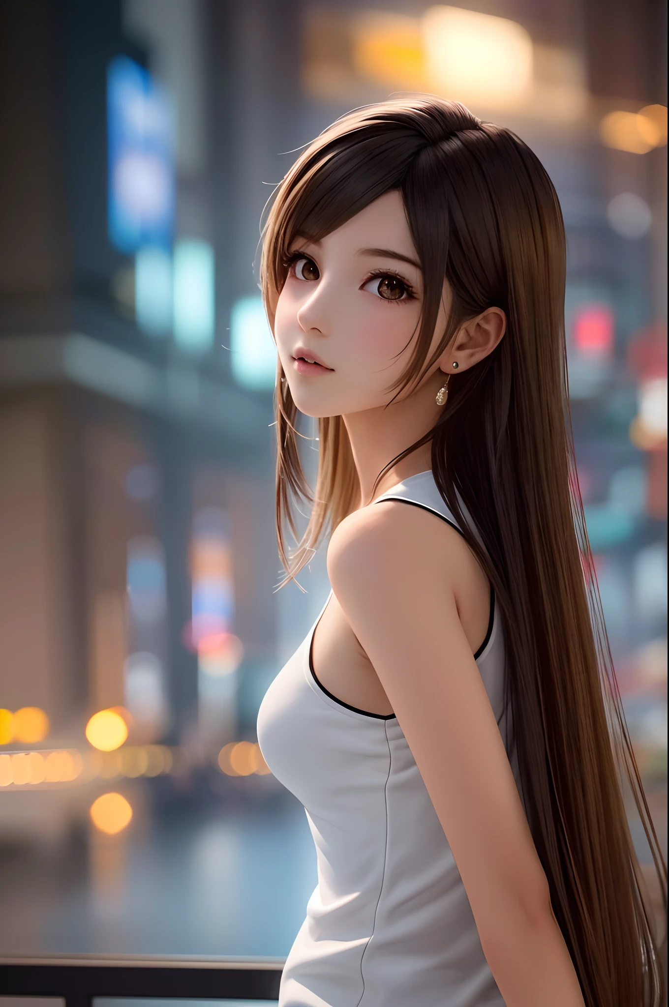 8K,top-quality,Real Image,intricate detailes,超A high resolution,Depth Field,masuter piece,natural soft light,profetional lighting,1 girl in,(cute little:1.2),Very beautiful cartoon girl, photorealistic anime girl render, realistic anime 3 d style,A detailed eye, (((FF7)))(((tifa))),(tifa:1.2,Solo), Detailed eyes, (light brown hair, Large breasts: 1.2), ((natta,cyberpunked,Industrial Zone,Lit up))