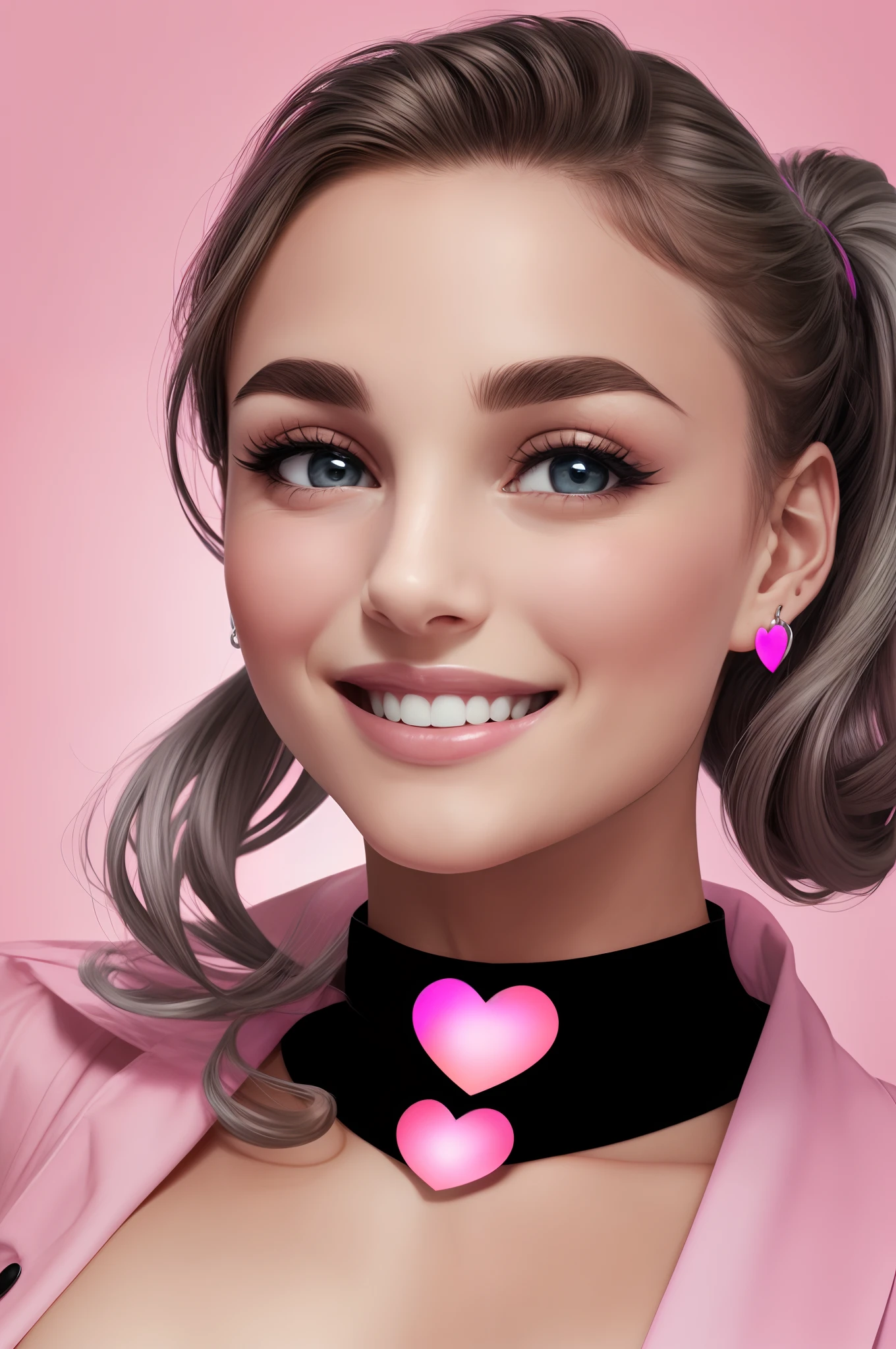 Best Quality,(beauty),masterpiece, ultra highres, daytime, (1_girl), 19 years old, tall, big eyes, (overflowing breasts), (silver grey ponytail), ((nipple_outline)), _outline, ((no_bra)), grey eyebrows, 19 years old, big grinning smile, laughing, beautiful face, gorgeous face, goddess, light grey eyes, pastel soft colors, [Audrey Hepburn | Natalie Portman] natural breasts, light eyebrows, as illustrated by Arthur Adams, perfect hands, sheer blue raincoat, ((black choker with a glowing pink heart)), medium shot, magenta background, blurred background, as illustrated by yamashita shun'ya, detailed face, comic art, outlined!!!, heavy outlines, line art