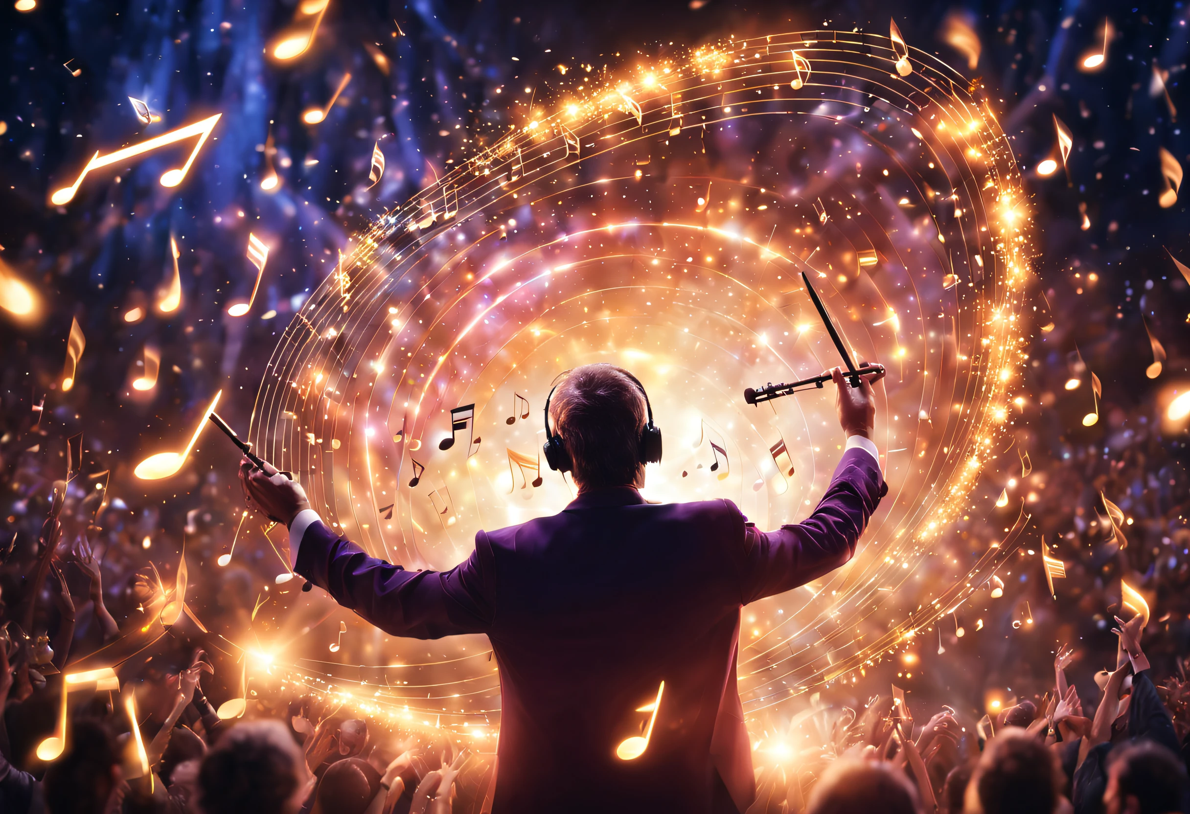 (best quality,4k,8k,highres,masterpiece:1.2),ultra-detailed,(realistic,photorealistic,photo-realistic:1.25),(magical wand conductor baton:1.21) creating sparkles and many ((musical notes)),musical score for film music,,music notation components, film, ((film roll)), (glowing wand AND conductor baton) casting shimmering sparks,vibrant and colorful magical display,captivating and enchanting scene,mesmerizing symphony of floating musical notation,harmonious blend of melodies and rhythms,intricate and delicate musical notation,magical aura infused with musical essence,illuminated musical staff dancing with enchantment,crescendo of magical melodies echoing in the air,harmonious composition of music filling the surroundings,ethereal and otherworldly sound waves intertwining,notes and rhythms capturing the essence of imagination,celestial symphony resonating with the baton's magic,luminous trails of musical notes swirling in the air,resplendent orchestral arrangement coming to life,vivid and dynamic musical expression in every note,mysterious music components forming ethereal patterns,unleashing the infinite creativity of the composer's mind,explosions of vibrant colors in film roll accompanied by musical crescendos,spellbinding fusion of magic and melodies,illumination of the night sky with musical starbursts,transforming mundane surroundings into a musical wonderland,lifting spirits and inspiring hearts with the power of music,melodies radiating from the conductor baton,igniting a sense of awe and wonder,creating a mystical and unforgettable experience in film.