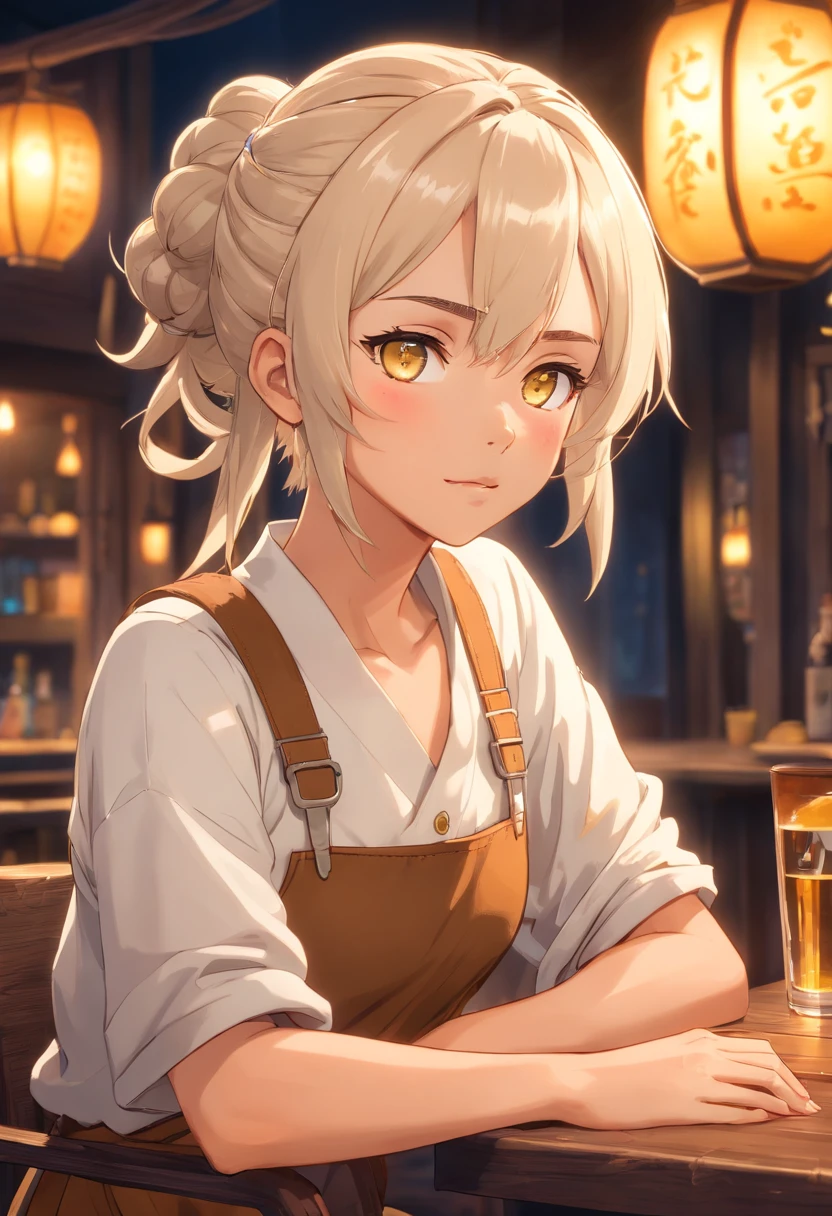 best quality, 4k, highres, masterpiece:1.2, movie still, a beautiful young african american woman ((light skin color)), yellow eyes, ((sitting on chair at a tavern)), wearing medieval clothes, dark brown leather overalls, brown linen pants, long hair mega hair, dreadlocks, messy bun, ((white hair)), ((kanekalon)), pointy ears, dark background lighting, close-up, detailed facial details, perfect face, sharpness, trend art, sharp facial details, ultra high quality, line art, high fantasy,  Exquisite, 4K, Soft Lighting 8K, Dreamy --ISO 100