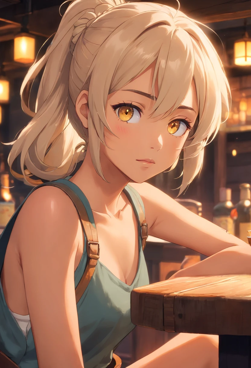 best quality, 4k, highres, masterpiece:1.2, movie still, a beautiful young african american woman ((light skin color)), yellow eyes, ((sitting on chair at a tavern)), wearing medieval clothes, dark brown leather overalls, brown linen pants, long hair mega hair, dreadlocks, messy bun, ((white hair)), ((kanekalon)), pointy ears, dark background lighting, close-up, detailed facial details, perfect face, sharpness, trend art, sharp facial details, ultra high quality, line art, high fantasy,  Exquisite, 4K, Soft Lighting 8K, Dreamy --ISO 100