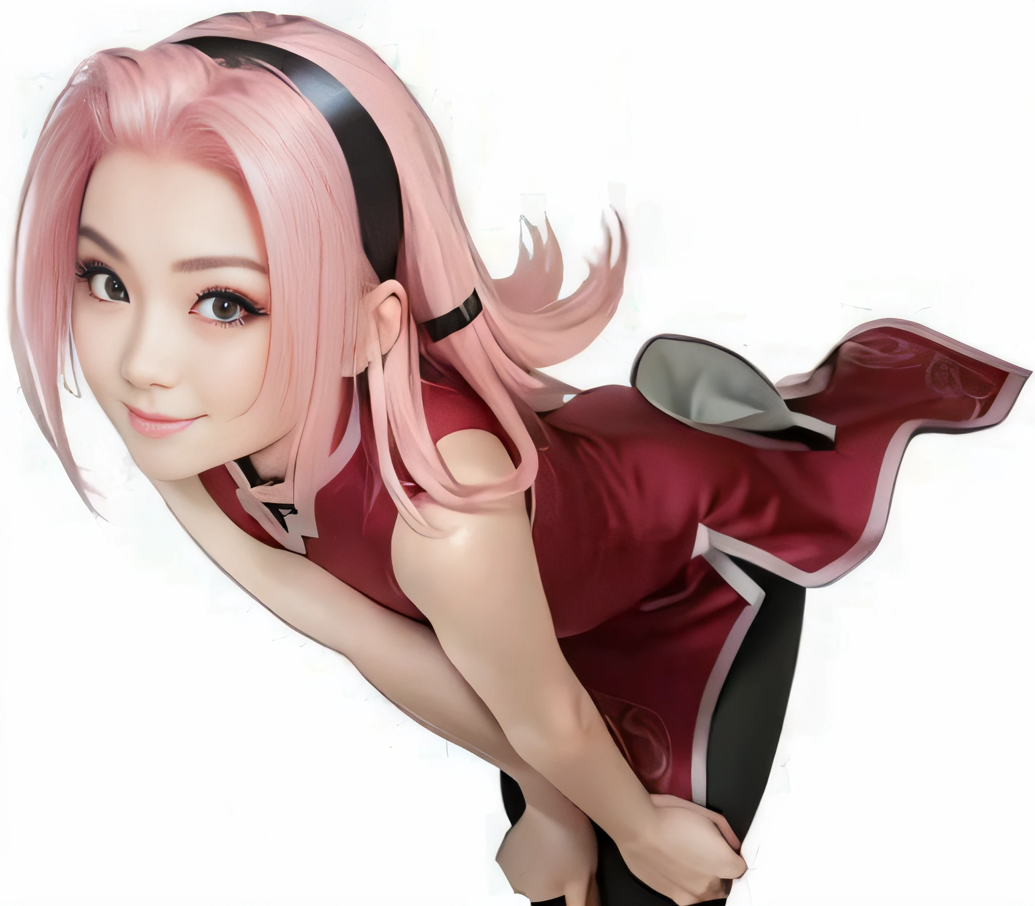 a prime age girl model, slim face, pink hair, red sleeveless qipao, black tights, bent down, satchel at the back, beautiful, smiling, real human eyes, real clothes, realistic, ultra detailed, 70mm lens