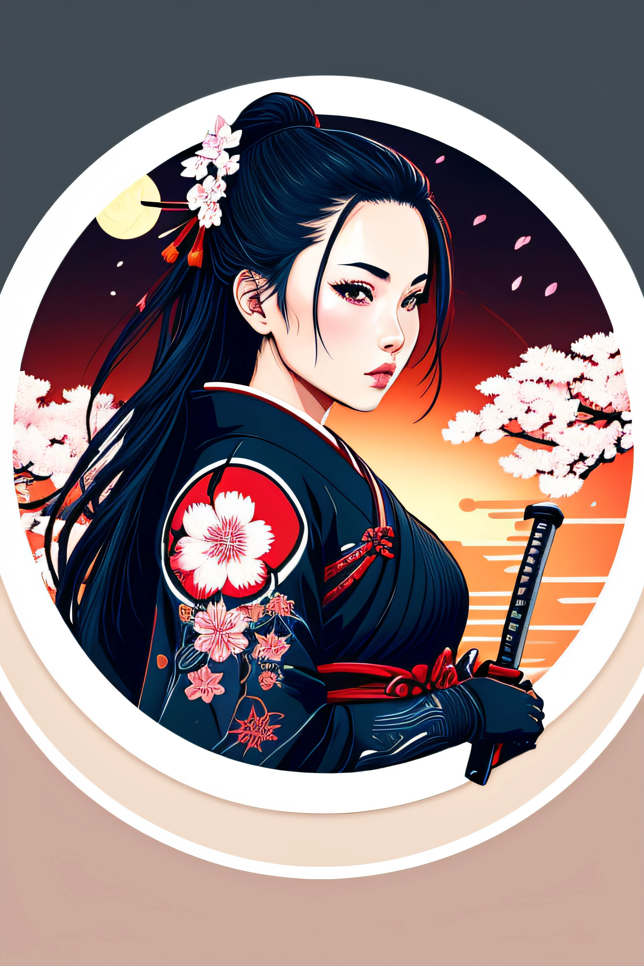 ((stickers)), 1girl, highly detailed, sexy female ronin, samurai, cherry blossom flowers border, japanese tattoos, katana, japan, night, moonlight, vector style art, erotic, movie poster style, lettering. (masterpiece:1.2), (best quality), (ultra detailed), (8k, 4k, intricate),(highly detailed:1.2),