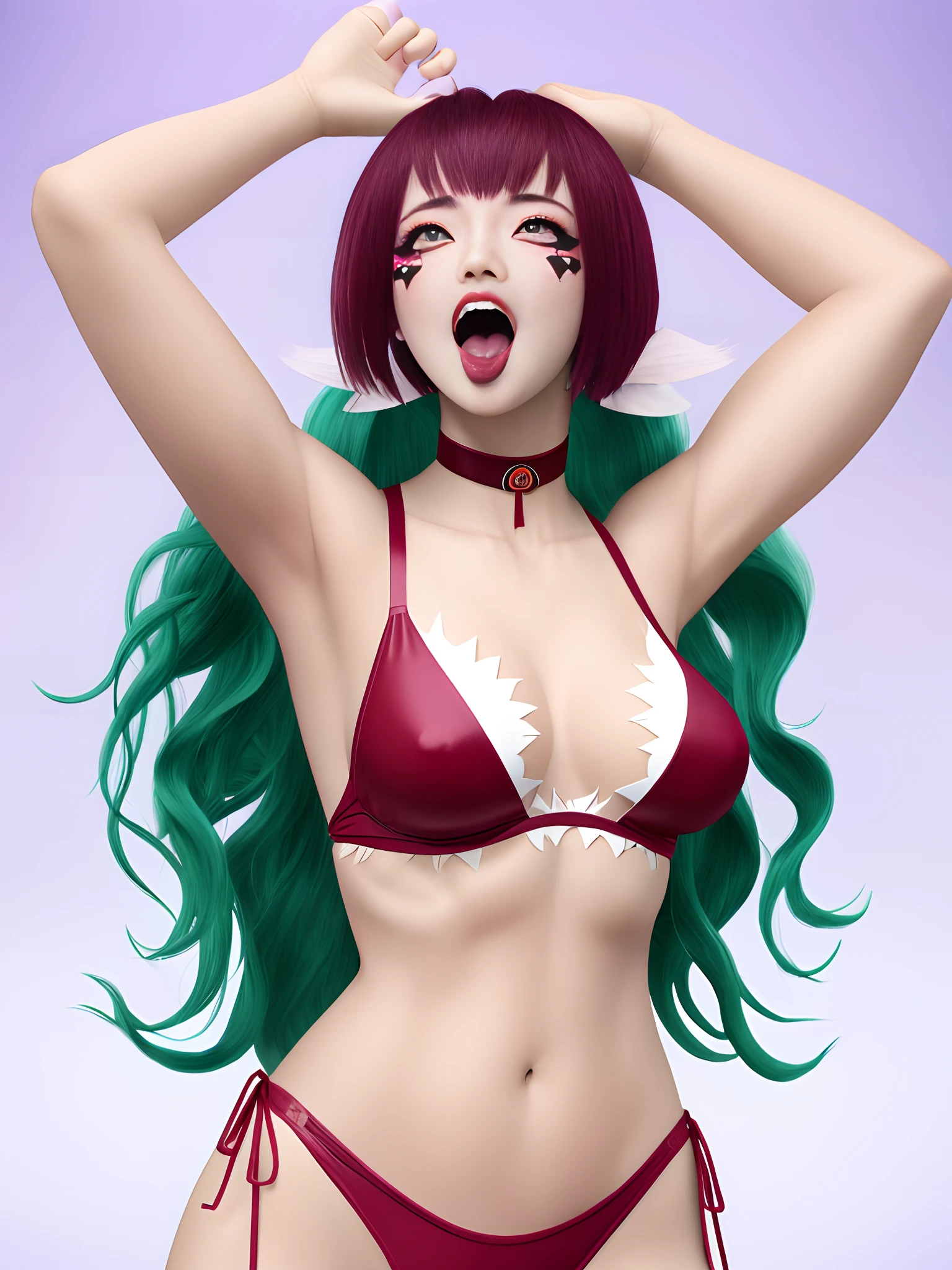 tmasterpiece, Best quality at best, 1girll, 独奏, teardrop, Be red in the face, dreads, scream, and the tongue sticks out, laughingly, with her mouth open, roll eyes, head looking up, full bodyesbian, Armpits, Arms up, (Torso grab, Tickle, mitts, Intangible limbs:1.2), TKL