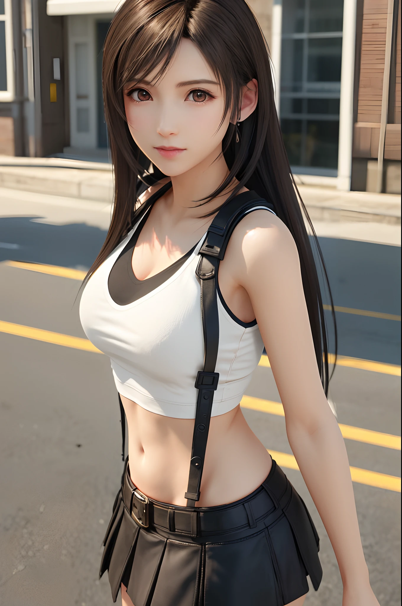 Photorealsitic:1.4)、top-quality、extremely delicate and beautiful、hight resolution、1girl、tifa_lockhart、a smile、cowboy  shot、suspenders、lowrise、a miniskirt、Tank tops、Tense shirt、A dark-haired、length hair、elbowgloves、Beautiful detailed red eyes、Facial light、电影灯光、nabel、High exposure、Exposure of the abdomen、ribs、abs、(gigantic breasts:1.2)、dynamicposes、dynamic ungle、