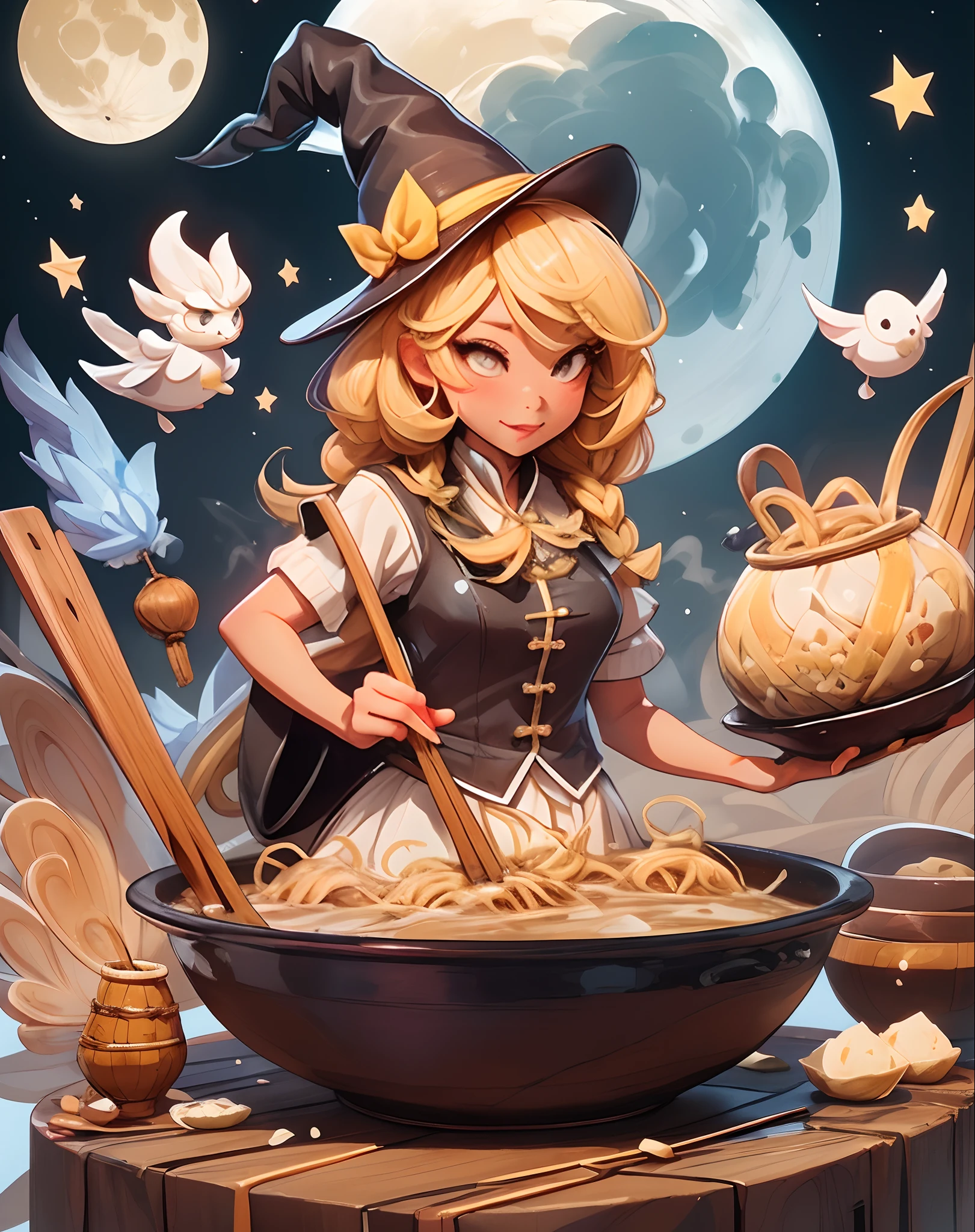 Bawan,beef noodle soup ,braised pork rice ,bubble tea ,Guabao ,iron egg ,millet mochi ,oyster omelet ,oyster vermicelli ,pan fried buns ,pepper bun ,pineapple cake ,rice noodles ,scallion pancake ,stinky tofu ,sun cake , girl, witch, magic, spell book, potion, wand, cauldron, robes, pointed hat, broomstick, mystical creatures, moon, stars, candlelight, crystals, enchanted forest, flying, levitating, casting spell,