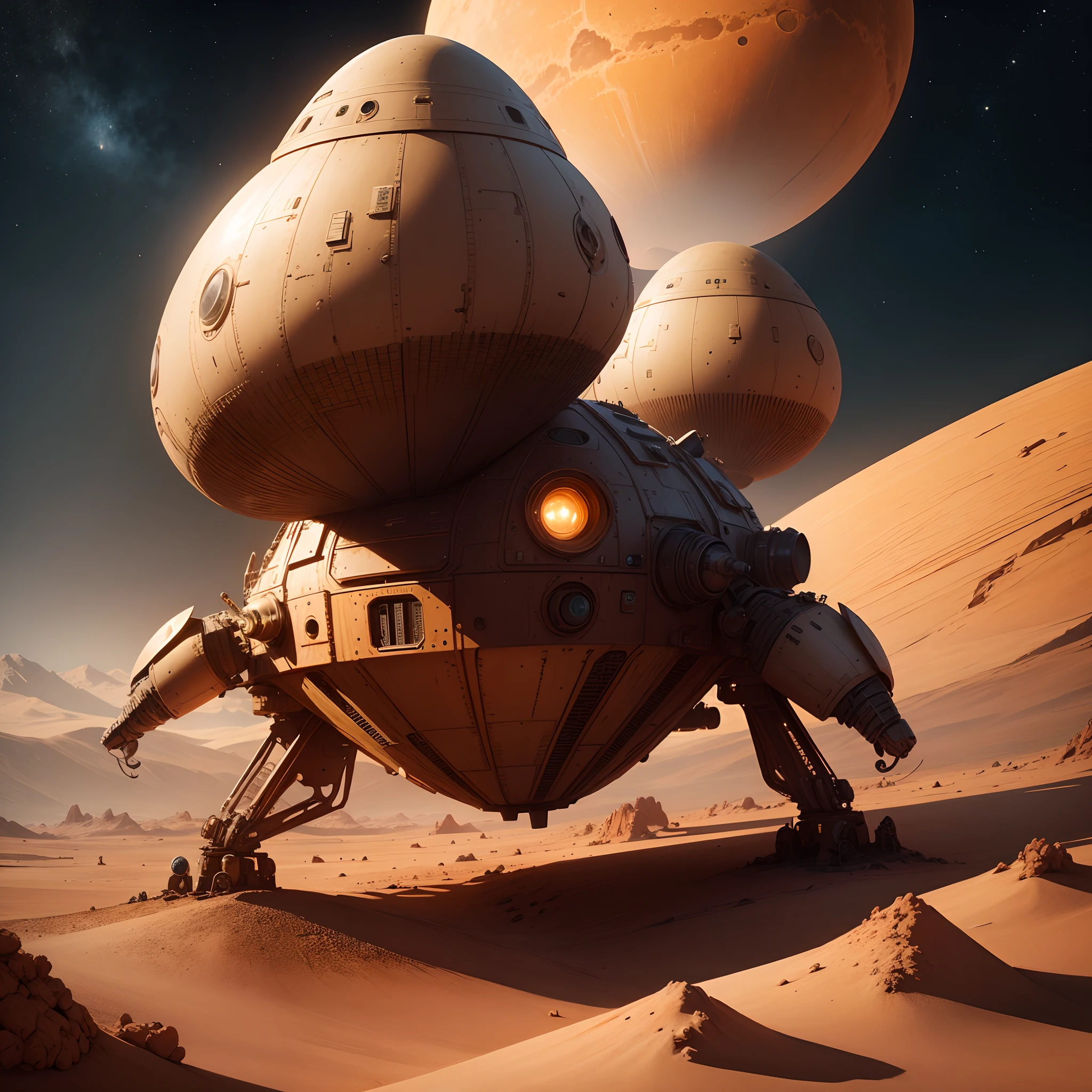 Spaceship on a mars , aliens , 8k, micro detail, illustration,