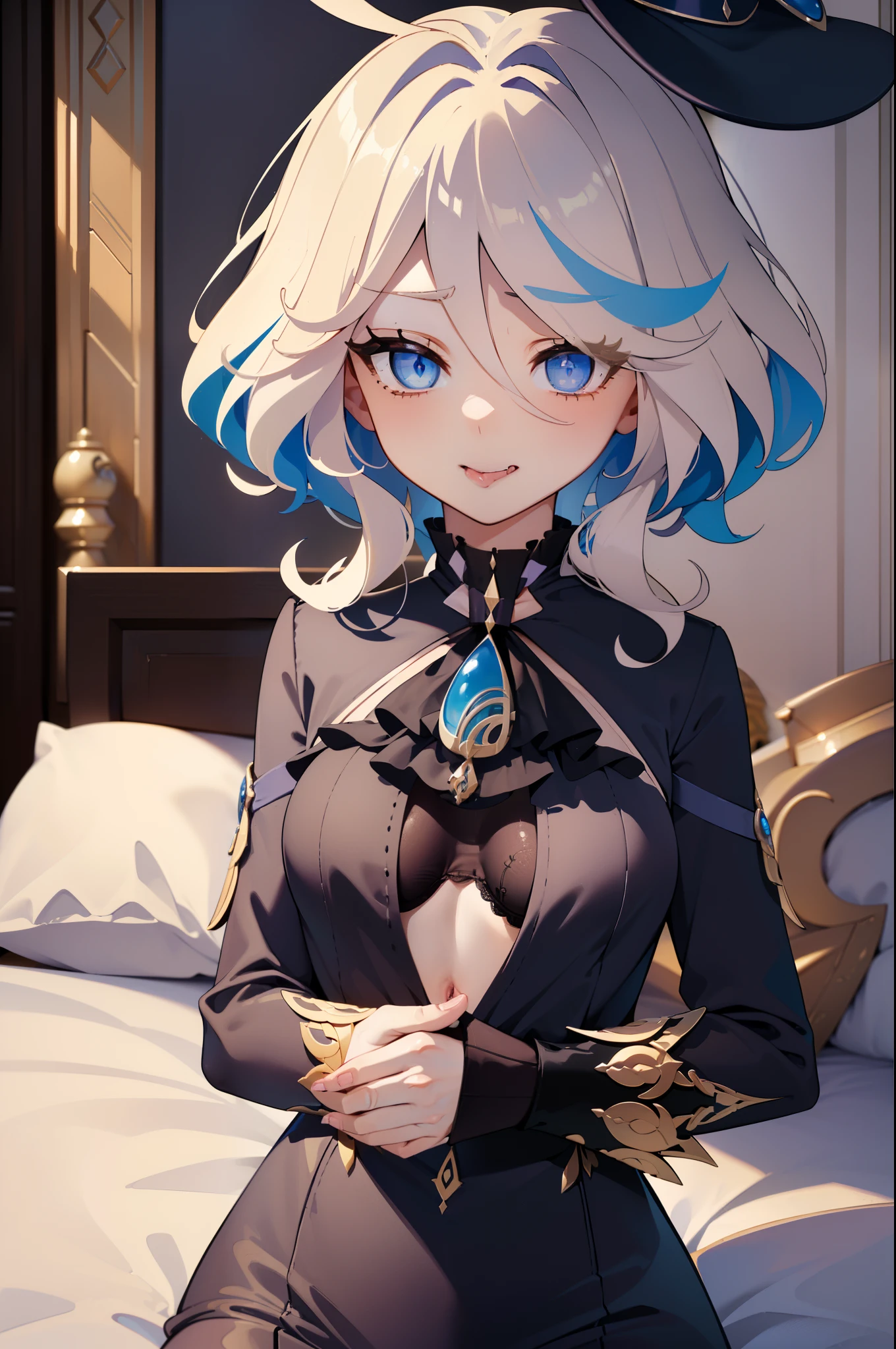 (masterpiece, sidelighting, finely detailed beautiful eyes: 1.2), masterpiece*portrait, realistic, 3d face, glowing eyes, shiny hair, lustrous skin, furina from genshin impact, (((vaginal sex, missionary sex, viewer pov))), ((ahegao expression, tounge out, drolling)), bedroom, laying in bed, male pov