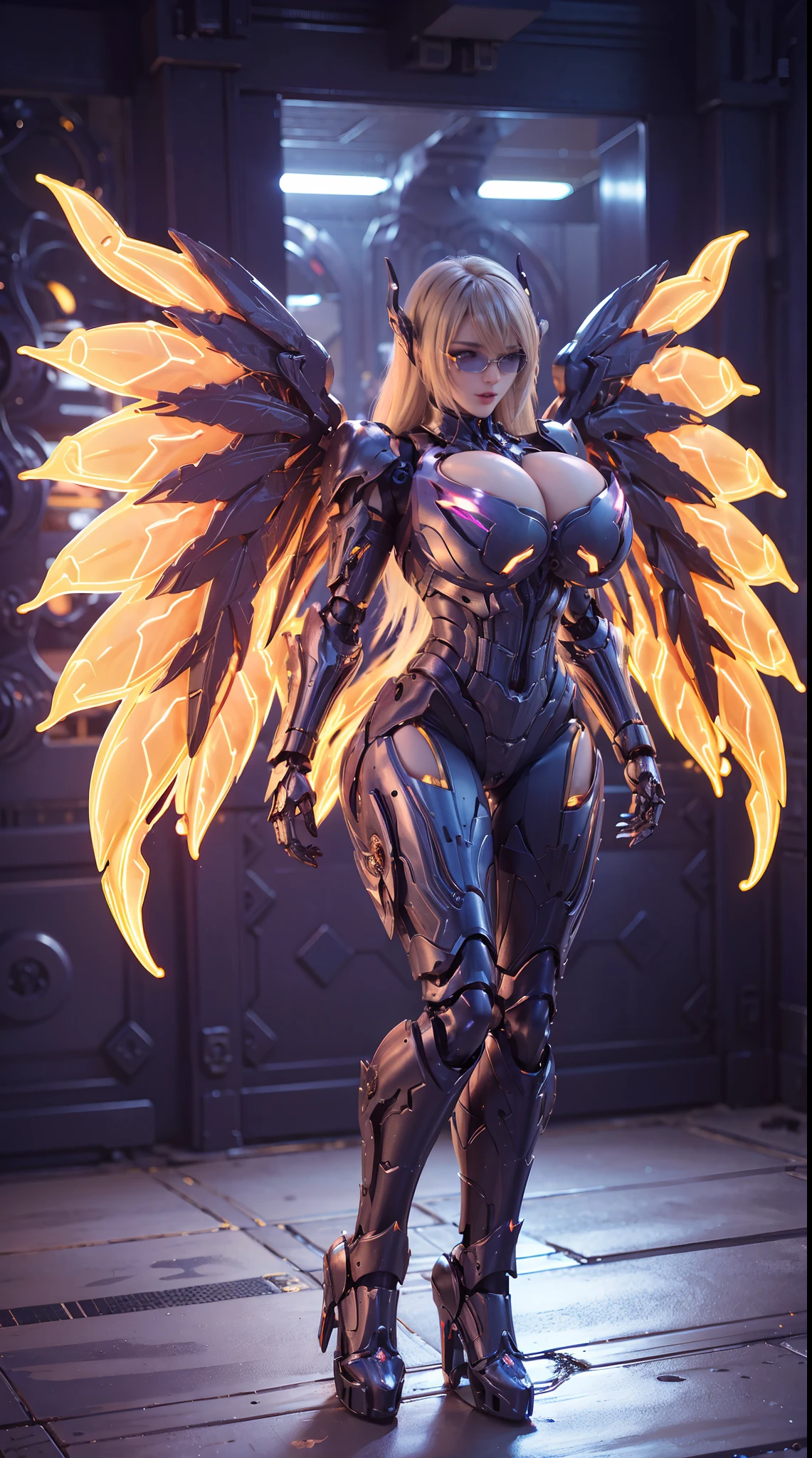 (Nsfw:1), (DRAGON HEAD), HUGE FAKE BOOBS, (BEAUTIFUL FACE), (BLONDE HAIR), (RGB:1), (TACTICAL GLASSES:1.3), (MECHA ARMORED GEAR), (((A PAIR OF HUGE MECHANICAL WINGS SPREAD OUT))), FUTURISTIC DRAGON MECHA SUIT, (CLEAVAGE), (SKINTIGHT YOGA PANTS), (PERFECT BODY:1.2), (FULL BODY VIEW), FRONT, (STANDING:1), (MECHANICAL HIGH HEELS), MUSCLE ABS, UHD, 8K, 1080P.