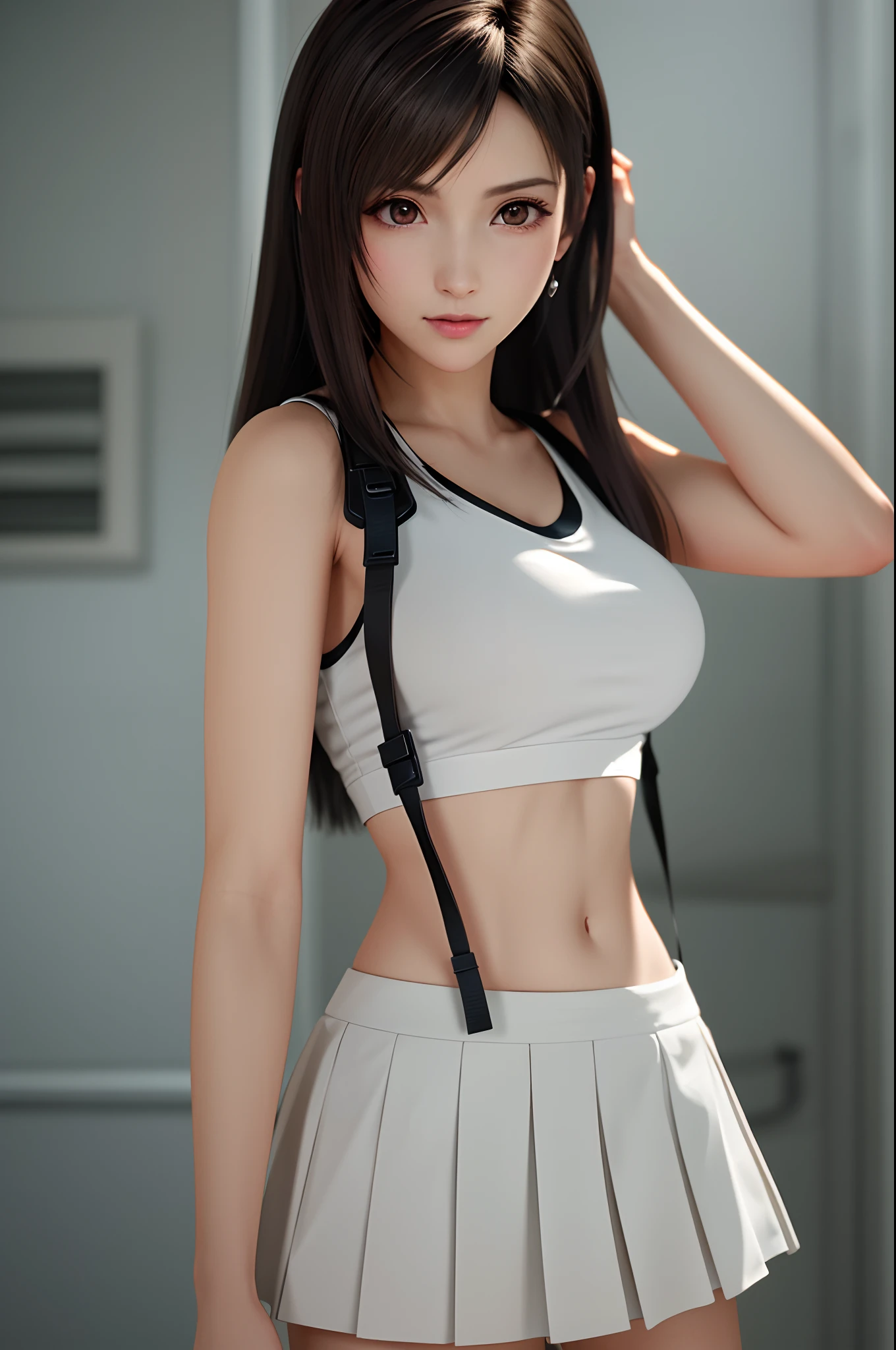 ((masterpiece, best quality)),((high resolution:1.3)), 1 Girl, solo, Cowboy Shot, Blurred Background, (((Small breasts))), Thighs, (((cool Pose))), ((chest bandage:1.2)),