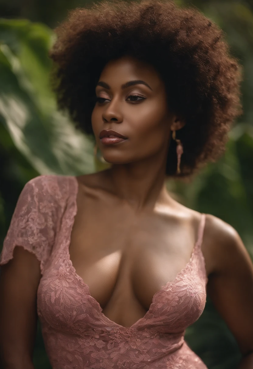 Portrait of a thin black woman with large breasts and clammy skin, Curly Afro, corps entier, jupe moulante blanche,  chemise rose, high resolucion, NSFW (en anglais seulement),