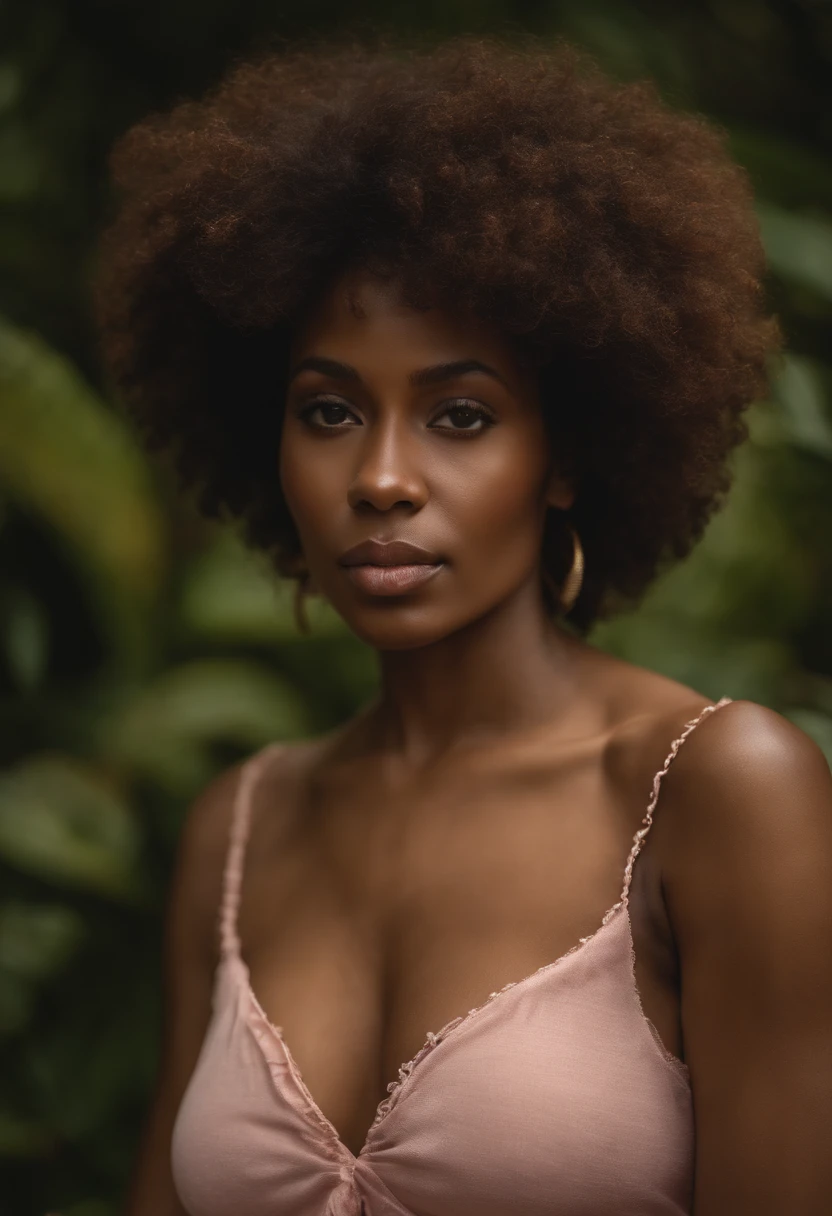 Portrait of a thin black woman with large breasts and clammy skin, Curly Afro, corps entier, jupe moulante blanche, chemise rose, high resolucion, NSFW (en anglais seulement),