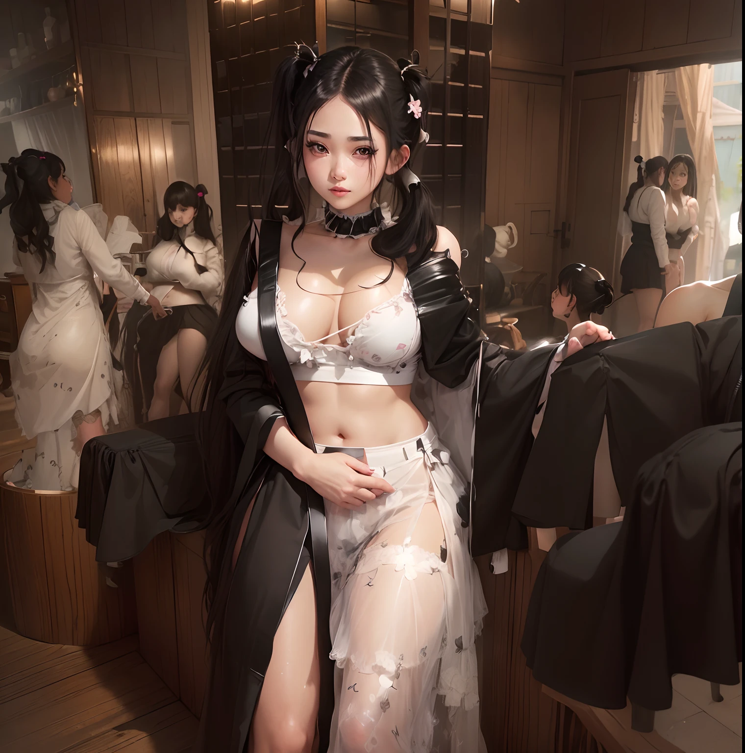 RAW, 1girl, solo, colorful, (masterpiece, best quality:1.3), (absurdres:1.3), (photorealistic:1.3), (detailed skin:1.3, detailed face:1.3), sitting, looking at viewer,
sharp focus, delicate, (beautiful cute korean_girl:1.3), (ulzzang-6500:0.2),
(huge breasts:1.3, thick thighs:1.2, narrow :1.1),
(shiny skin:1.4), light smile,
(black_very_long_twintails:1.3),(big_eyes:1.2, brown_eyes), (brown_gloss_eyeshadow:1.2), pink_lips,
white frilled shirt, deep cleavage, bare tummy, beige_suspender skirt / black_pantyhose,
willow, wooden bench, flower, grass, lake, (cloudy sky:1.3), (rain:0.5),