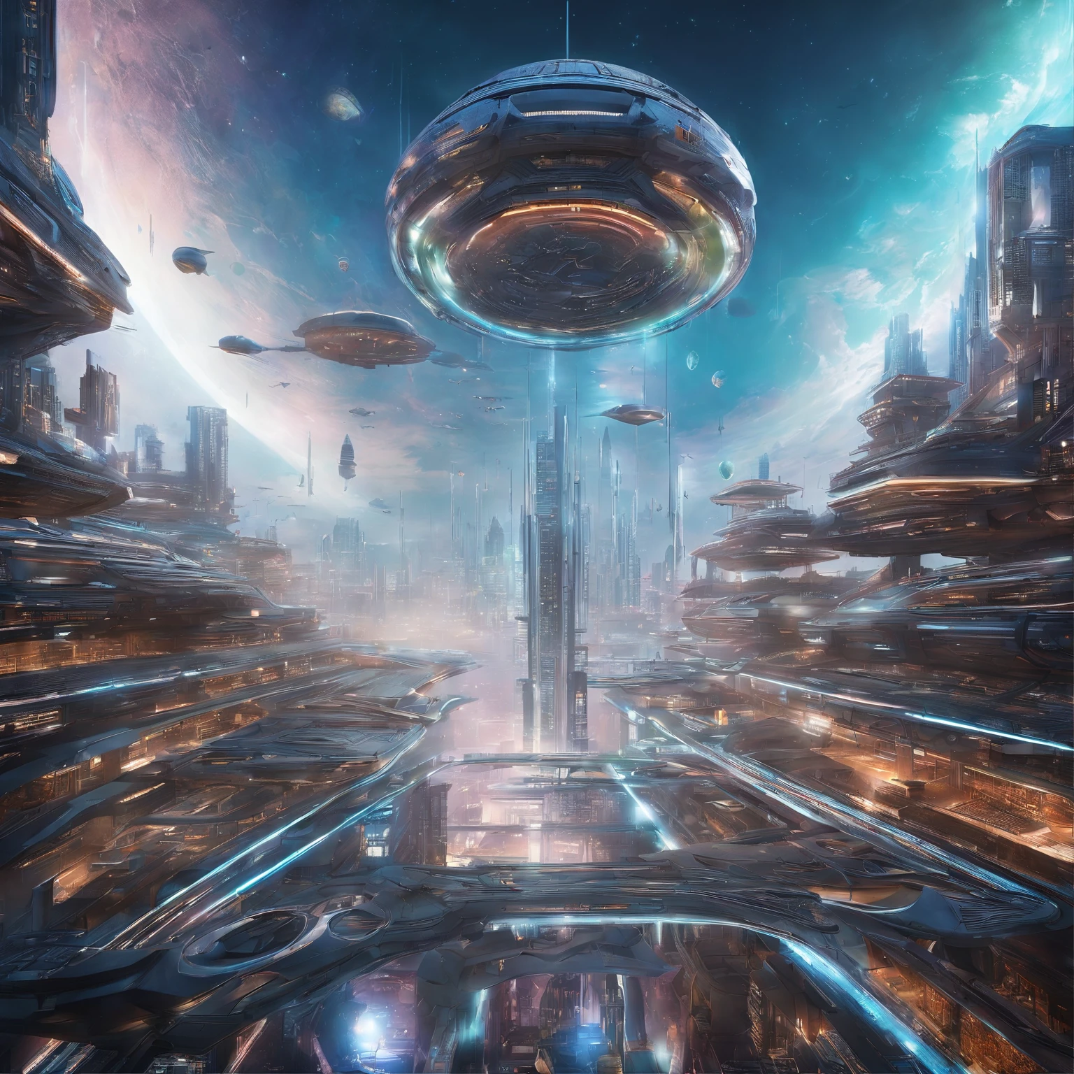 Create futuristic transcendentalist works of art, Imagine a floating city in the sky, The building structure is complex,Technologically advanced. Depict this futuristic city in rich detail, Capture bright lights, Suspended platforms and crisscrossing aircraft.