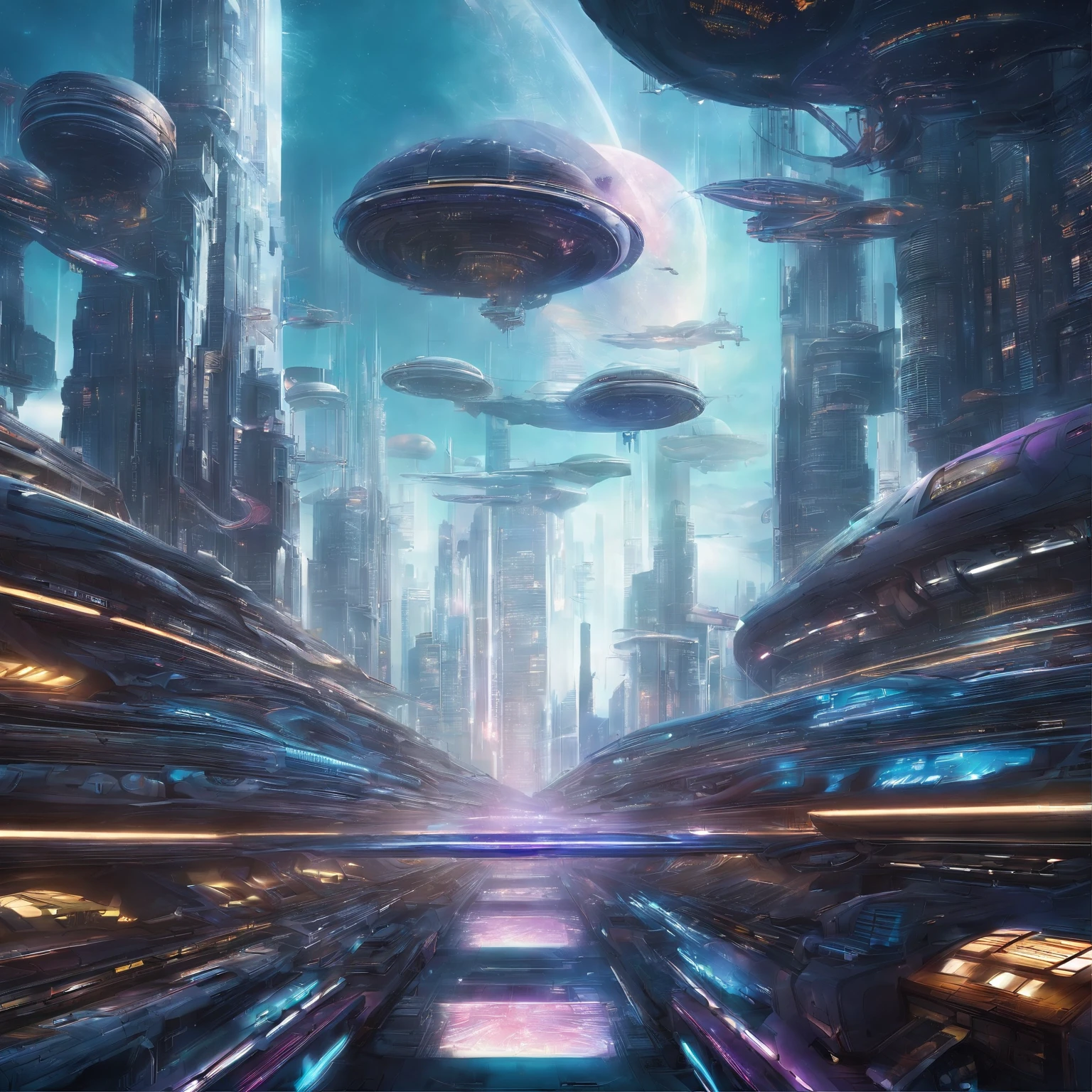 Create futuristic transcendentalist works of art, Imagine a floating city in the sky, The building structure is complex，Technologically advanced. Depict this futuristic city in rich detail, Capture bright lights, Suspended platforms and crisscrossing aircraft.