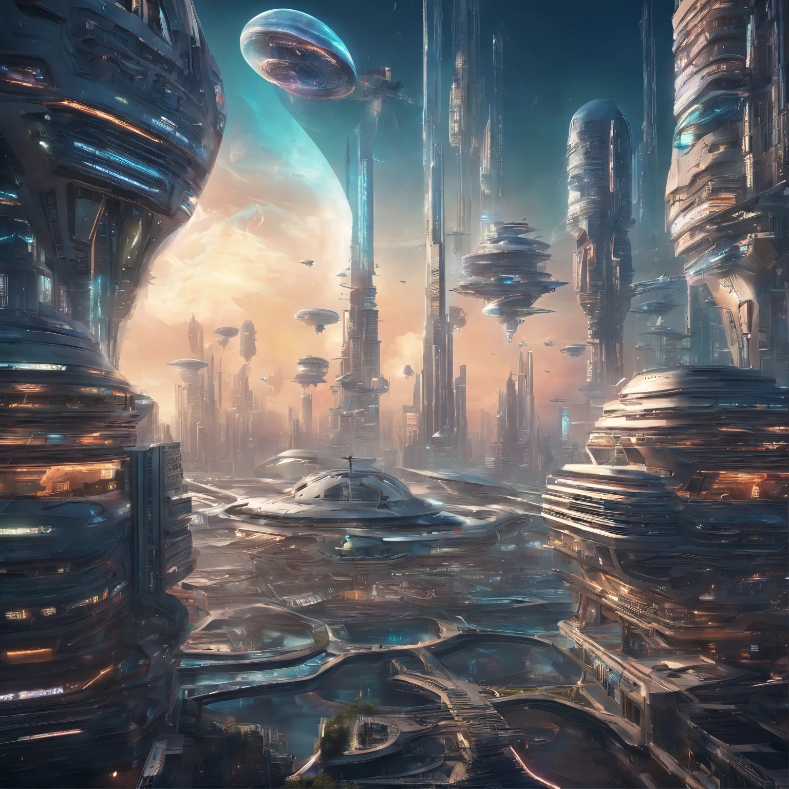 Create futuristic transcendentalist works of art, Imagine a floating city in the sky, The building structure is complex,Technologically advanced. Depict this futuristic city in rich detail, Capture bright lights, Suspended platforms and crisscrossing aircraft.