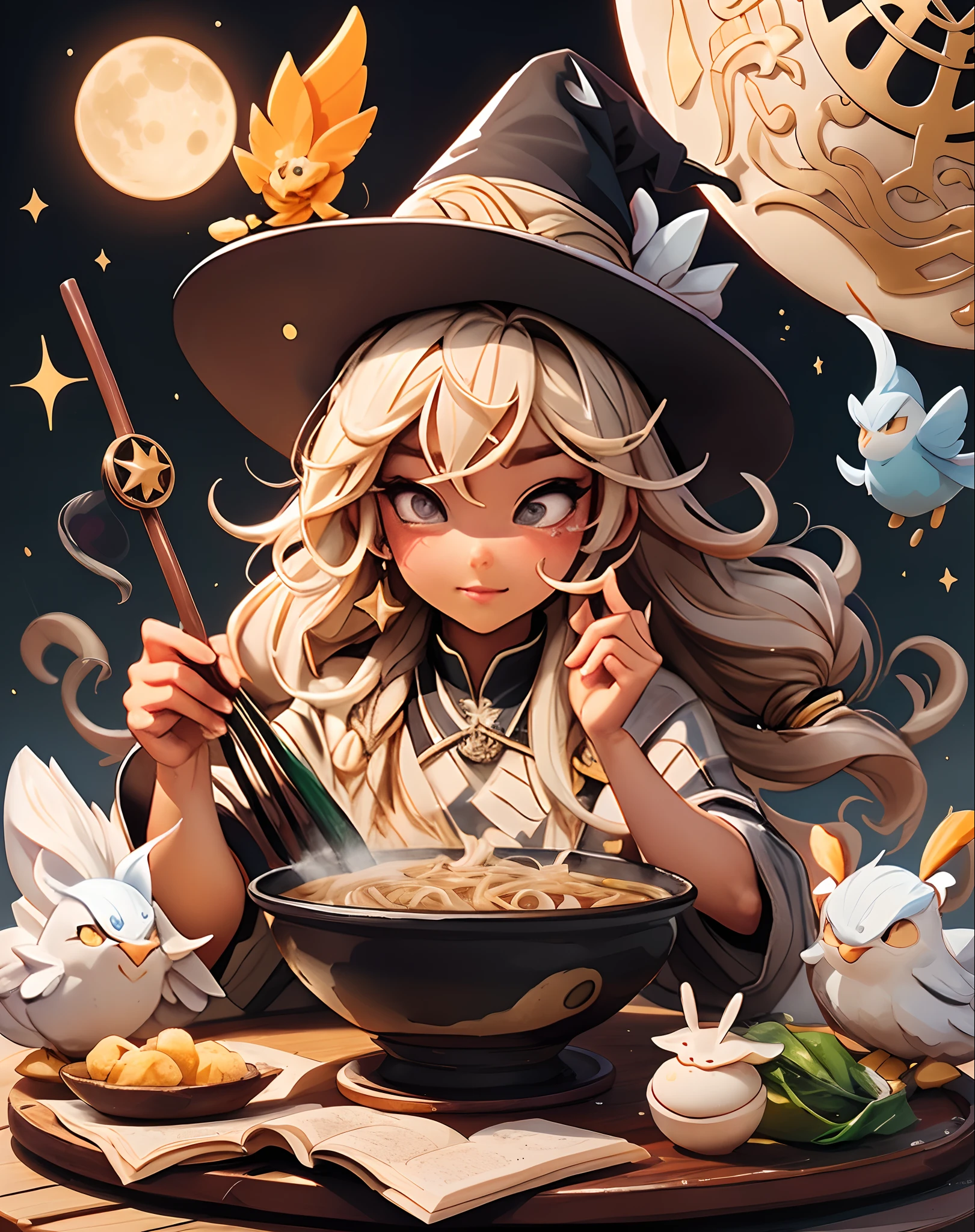 Bawan,beef noodle soup ,braised pork rice ,bubble tea ,Guabao ,iron egg ,millet mochi ,oyster omelet ,oyster vermicelli ,pan fried buns ,pepper bun ,pineapple cake ,rice noodles ,scallion pancake ,stinky tofu ,sun cake , girl, witch, magic, spell book, potion, wand, cauldron, robes, pointed hat, broomstick, mystical creatures, moon, stars, candlelight, crystals, enchanted forest, flying, levitating, casting spell,