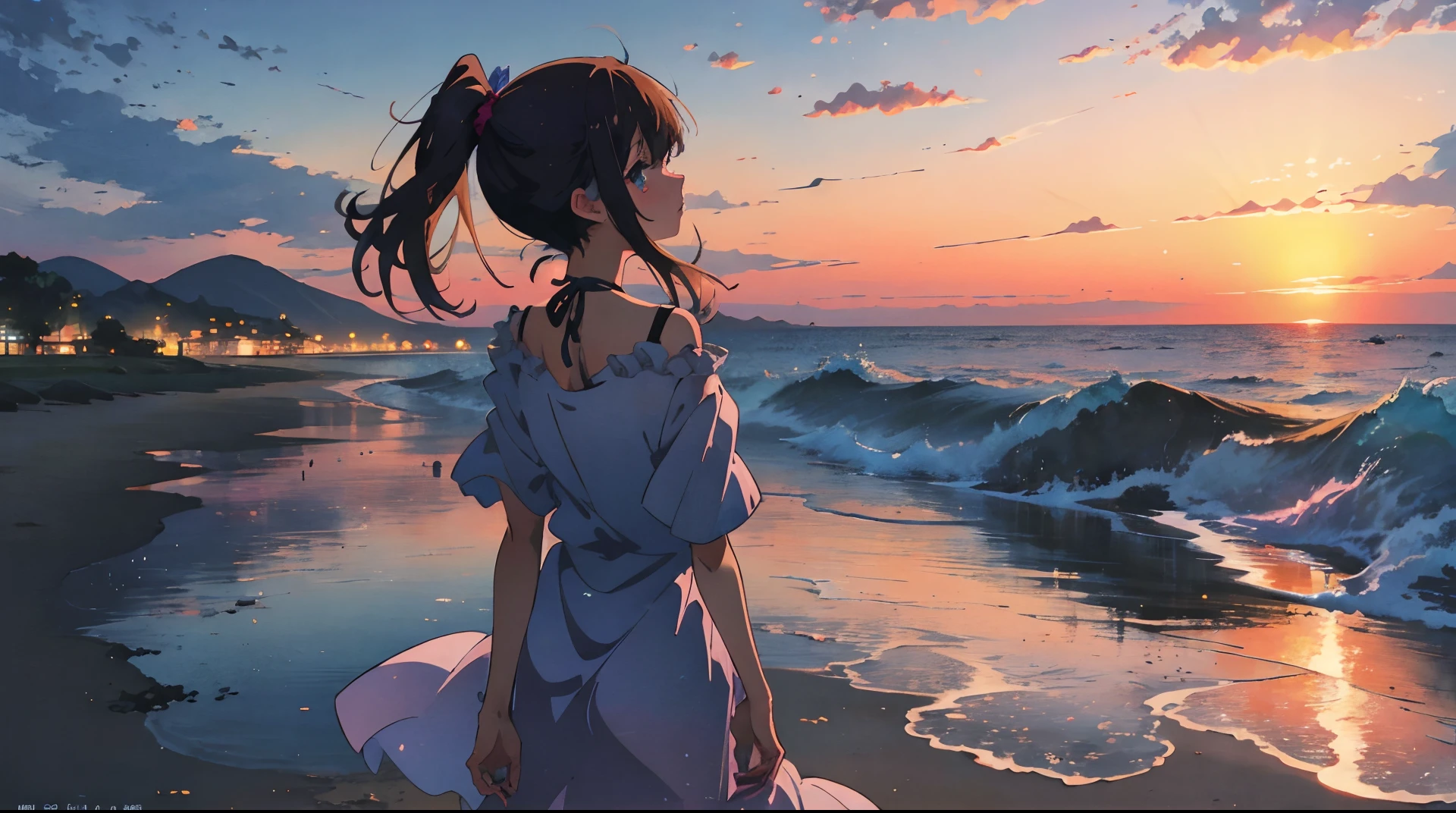 the sunset，Two-dimensional girl looking at the sea，Back Shadow，anime key visual，beachside