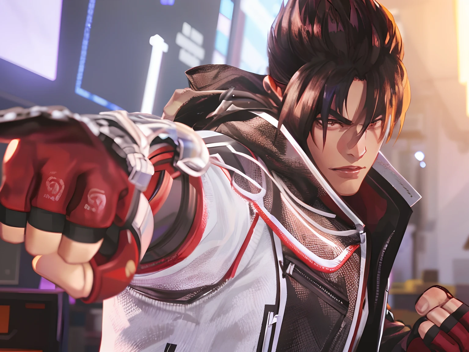 a close up of Jin Kazama, as a character in tekken, tekken 8, tsurumaki jin, shinkiro toshiaki mori, tekken, shinkiro, inspired by Kanō Hōgai, kazuma kaneko, jin kazama, ps5 cinematic screen capture, tom cruise as kenshiro, epic wallpaper, detailed