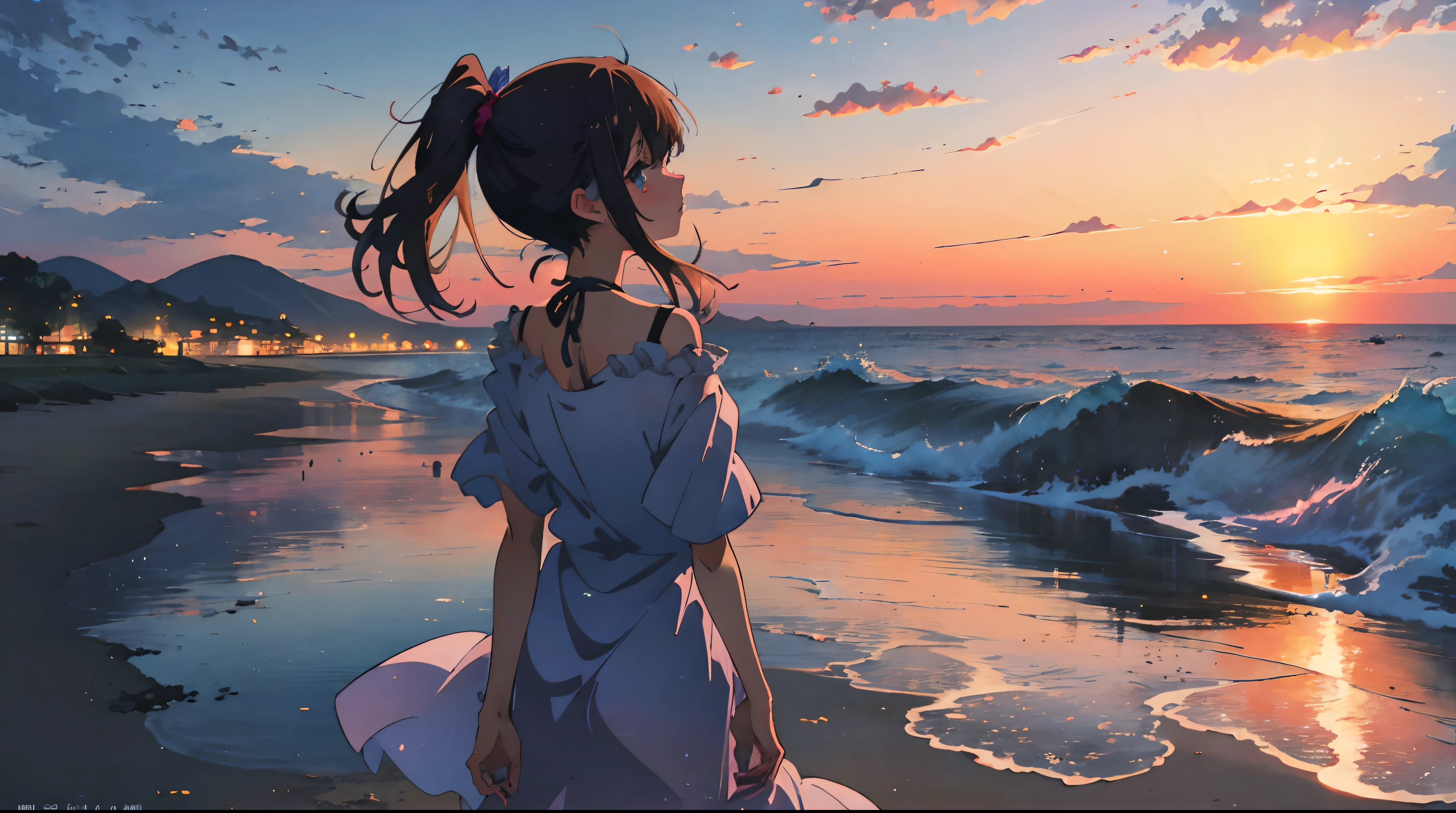 the sunset,Two-dimensional girl looking at the sea,Back Shadow,anime key visual,beachside