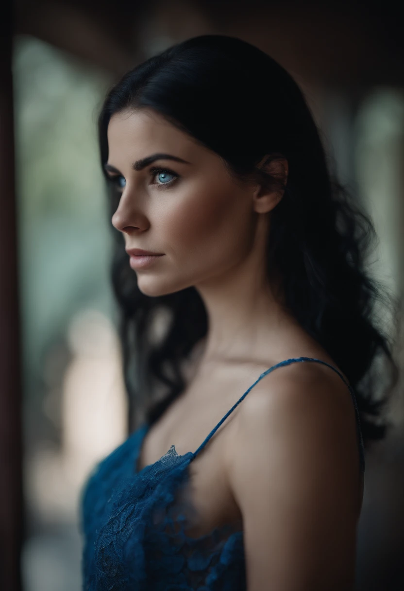 black hair girl, blue eyes