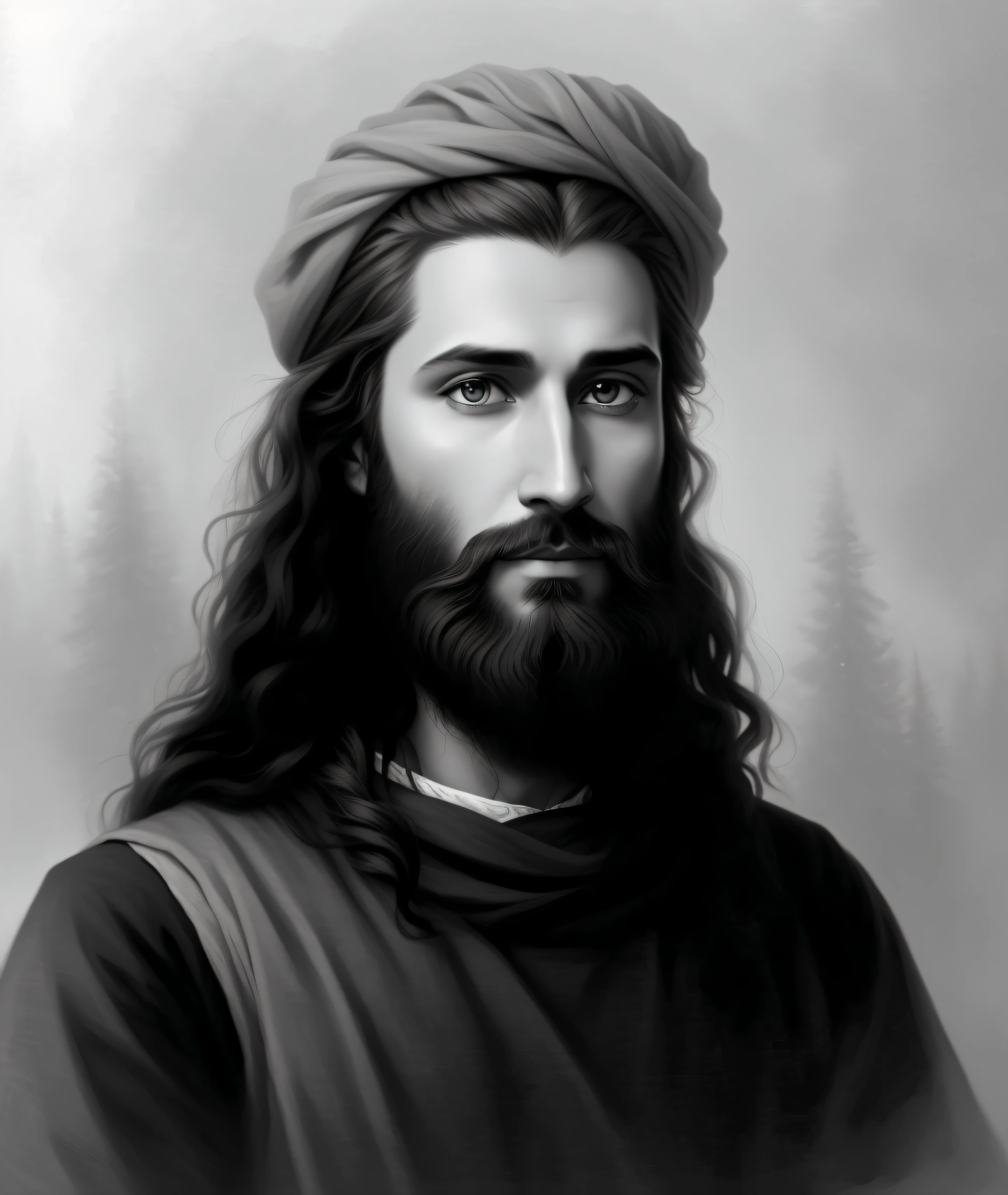a painting of a man with long hair and beard, classic Indian turban, dark curly hair, male fantasy portrait, digital fantasy portrait, Greek myth digital painting, Portrait of Jesus Christ, Jesus Christ, detailed matte fantasy portrait, digital illustation, renaissance digital painting, fantasy art portrait, brilliant angelic being, fantasy portrait, detailed digital painting,  face of jesus, Godrays digital painting, Detailed digital art in 4k --auto --s2