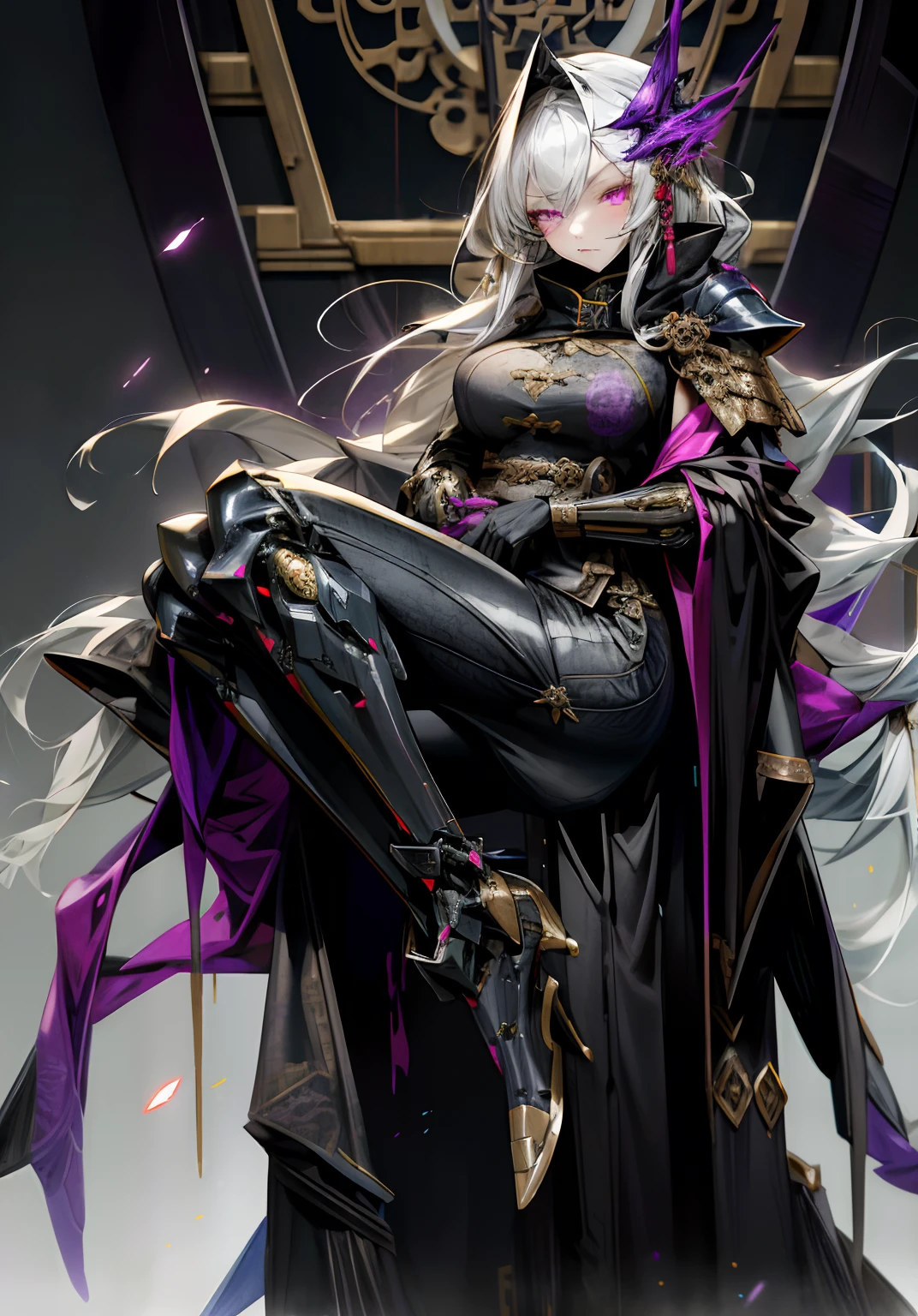 Dark_Fantasy, cyber punk perssonage, (Black-purple: 1.1), 1 persons, Mechanical Wonder,Gentle and hazy expression,A girl full of motherhood,tight leather clothes, cybernetic guardians, full bodyesbian, Armored dress, greyt hair, long whitr hair,masks,China-style,shawl,((black greatcoat)),Office attire, good legs, Clear waist and long legs, Beautiful legs, cleavage,,glowing eyes, purple eyes, expressionless,Mecha long skirt,