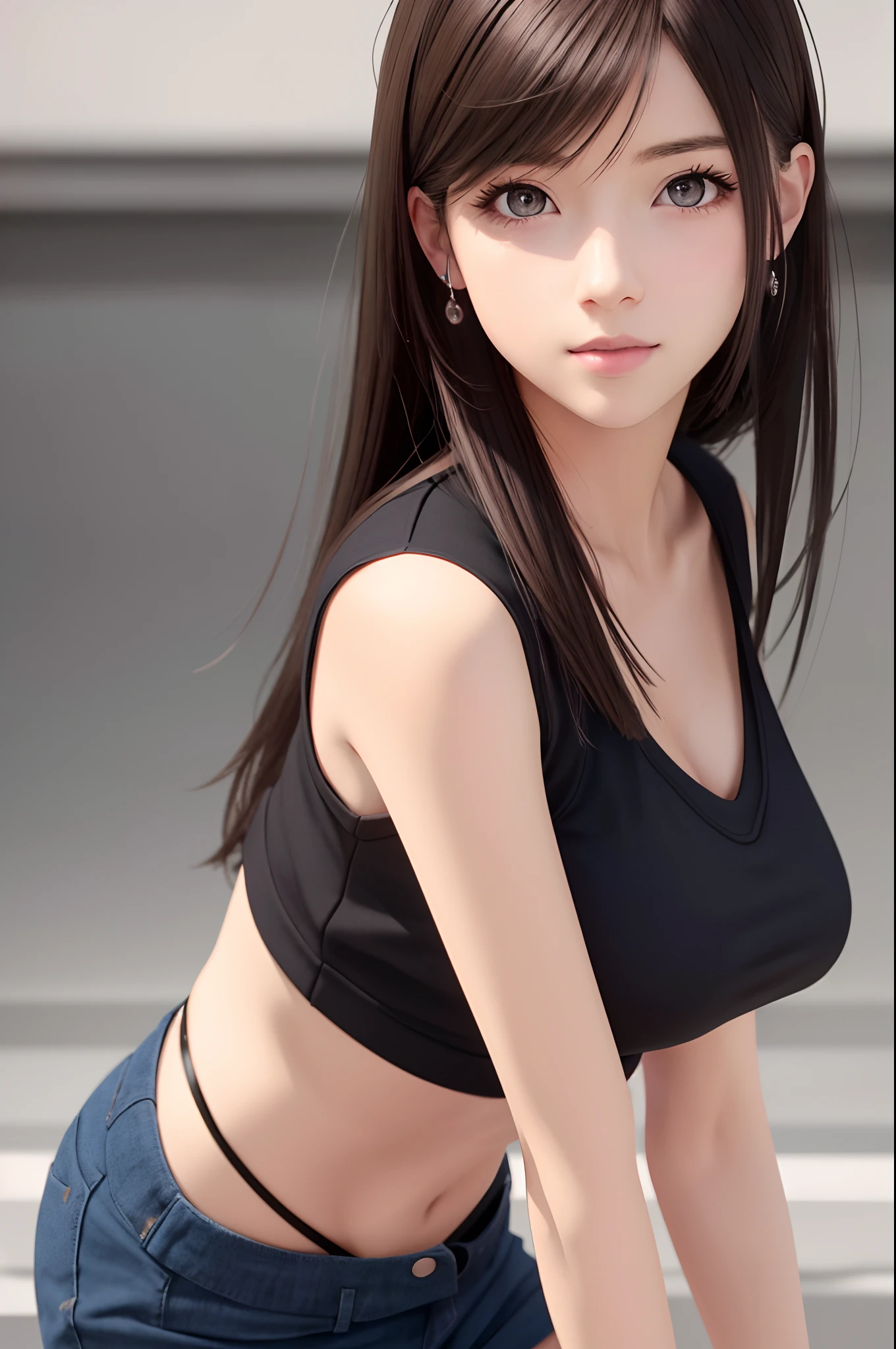 8K,top-quality,Real Image,intricate detailes,超A high resolution,Depth Field,masuter piece,natural soft light,profetional lighting,1 girl in,(cute little:1.2),Very beautiful 17 year old cartoon girl, photorealistic anime girl render, realistic anime 3 d style,A detailed eye,((Brown-eyed)),(Brown hair),(bangss), (((FF7)))(((Tifa))),(Tifa:1.2,Solo), Blake Super Detail Face, Detailed eyes, (light brown hair, Large breasts: 1.2), (suspenders、lowrise、a miniskirt、Tank Tops、Tense shirt),Industrial Control Systems ,((natta))