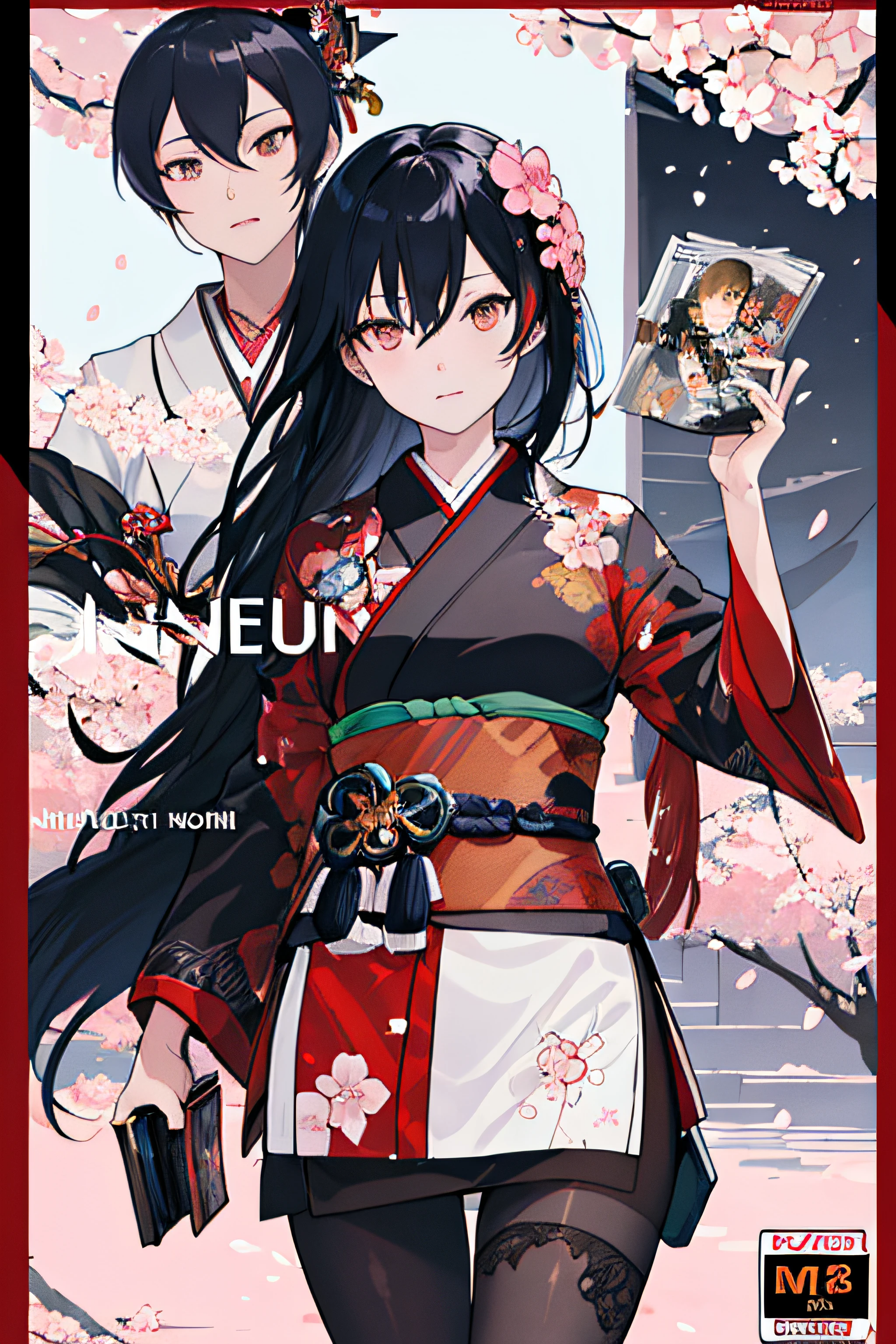 ((masterpiece, best quality)), highly detailed, sexy female ronin, samurai, cherry blossom flowers border, japanese tattoos, katana, japan, night, moonlight, vector style art, erotic, movie poster style, lettering, pantyhose, long hair, white pantyhose, black hair, looking at viewer, closed mouth, (magazine:1.3), (cover-style:1.3), fashionable, woman, vibrant, outfit, posing, front, colorful, dynamic, background, elements, confident, expression, holding, statement, accessory, majestic, coiled, around, touch, scene, text, cover, bold, attention-grabbing, title, stylish, font, catchy, headline, larger, striking, modern, trendy, focus, fashion,