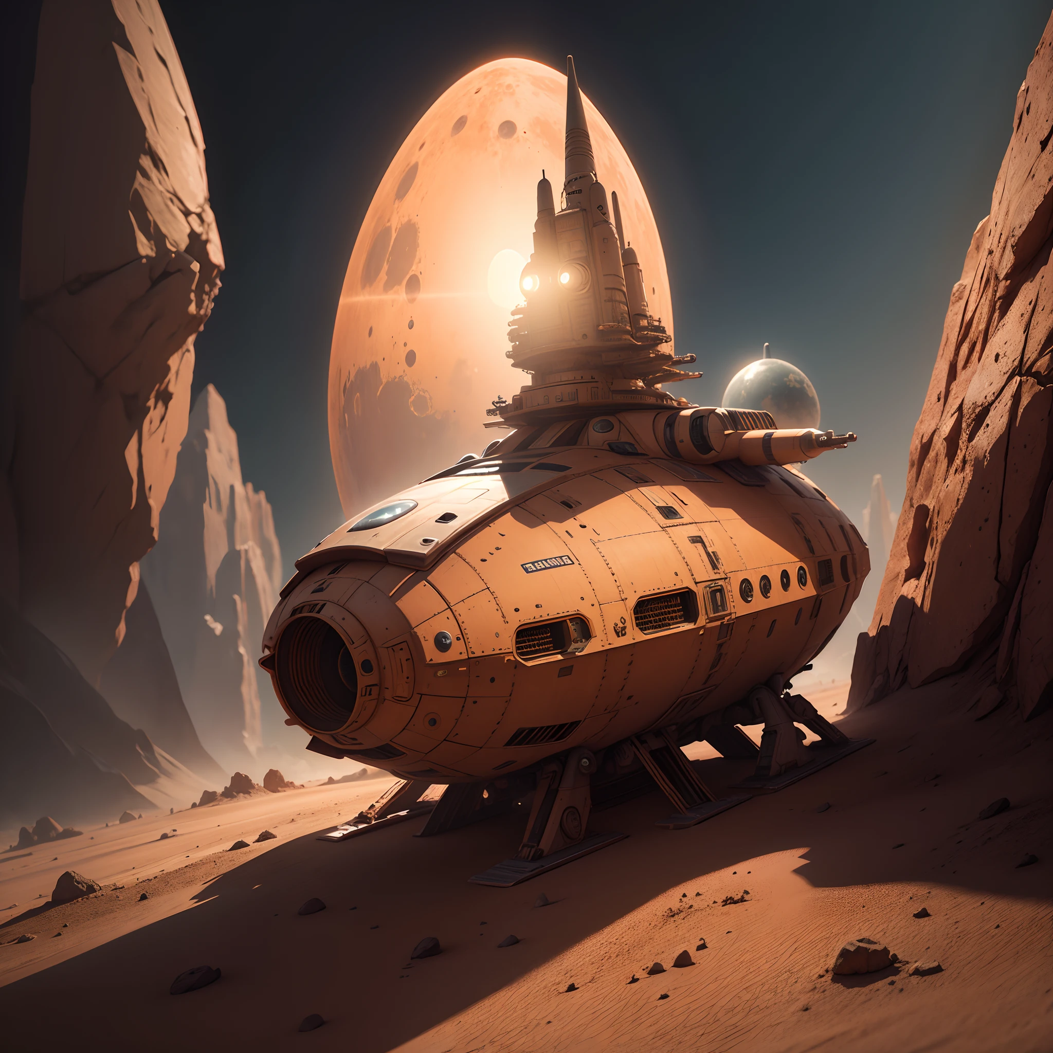 Spaceship on a mars , aliens , 8k, micro detail, illustration,