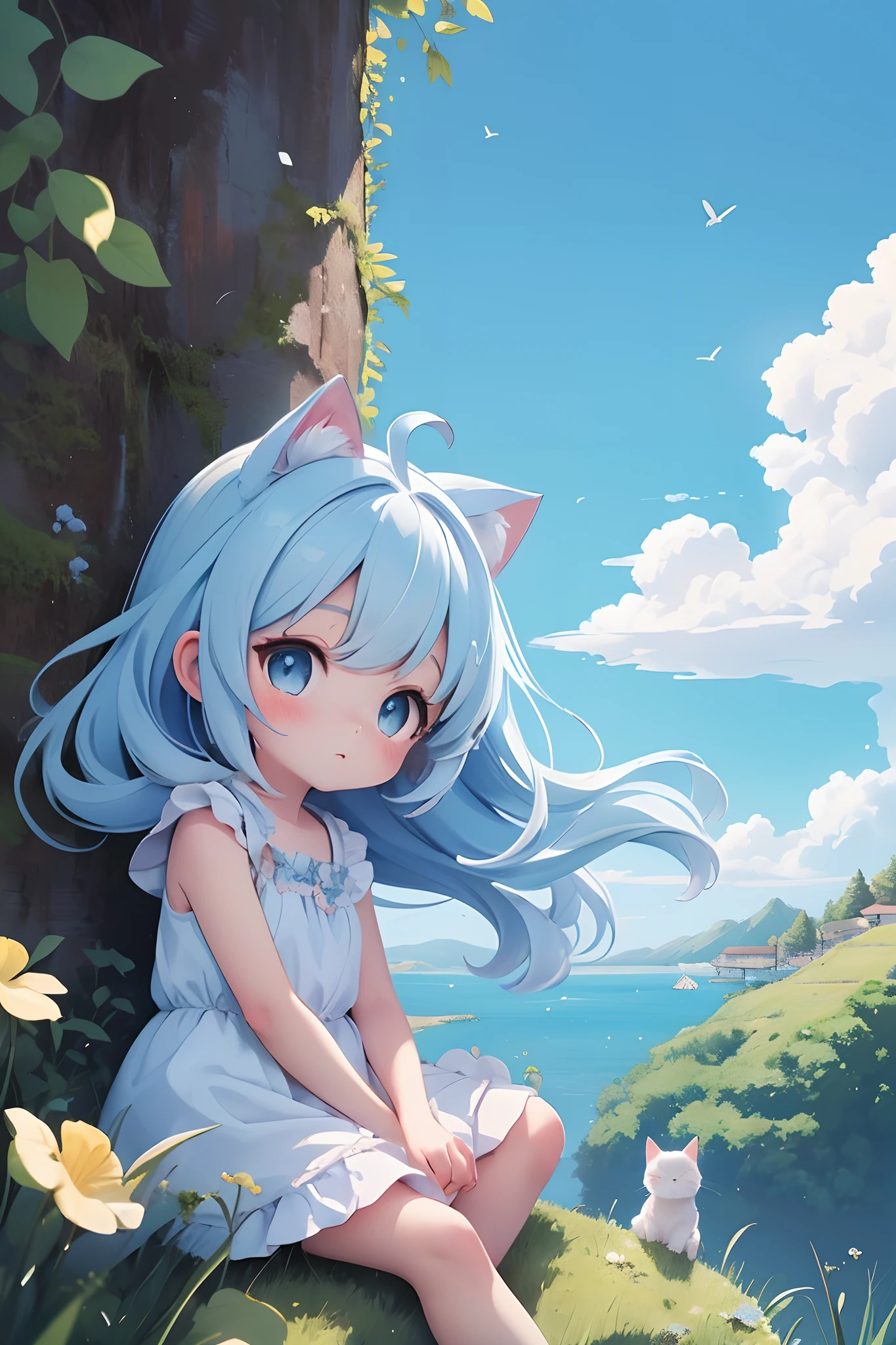 masterpiece,best quality,absurdres,A anime, girl sitting on the hill looking at sky,chibi,with her hair blowing in clear day,with cat,(blue sky:1.25),sideway glance,young girl,cloud,endless sea,noon,summer,floating hair,cumulus clouds,forest,tree,face focus,cute,