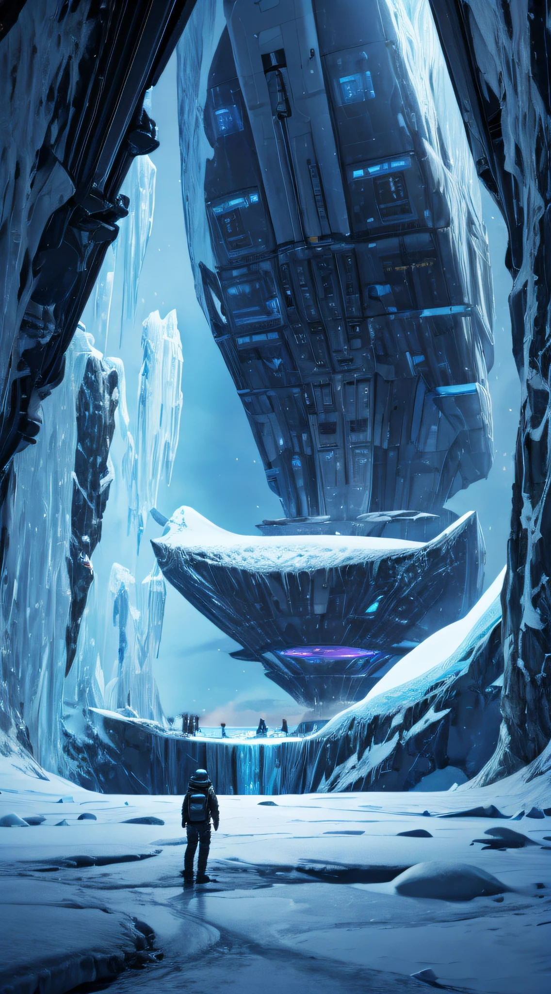 (exploration,science,science-fiction:1.2),antarctic research facility,advanced alien technology,high-tech equipment,laboratory,ice walls,icy terrain,futuristic architecture,ultra-modern design,icy winds,cutting-edge research,highly skilled scientists,extraterrestrial artifacts,advanced energy sources,state-of-the-art laboratories,advanced scientific experiments,unknown phenomena,cosmic discoveries,alien life exploration,interstellar communication,advanced machinery,sophisticated computers,freezing temperatures,icy landscapes,remote location.