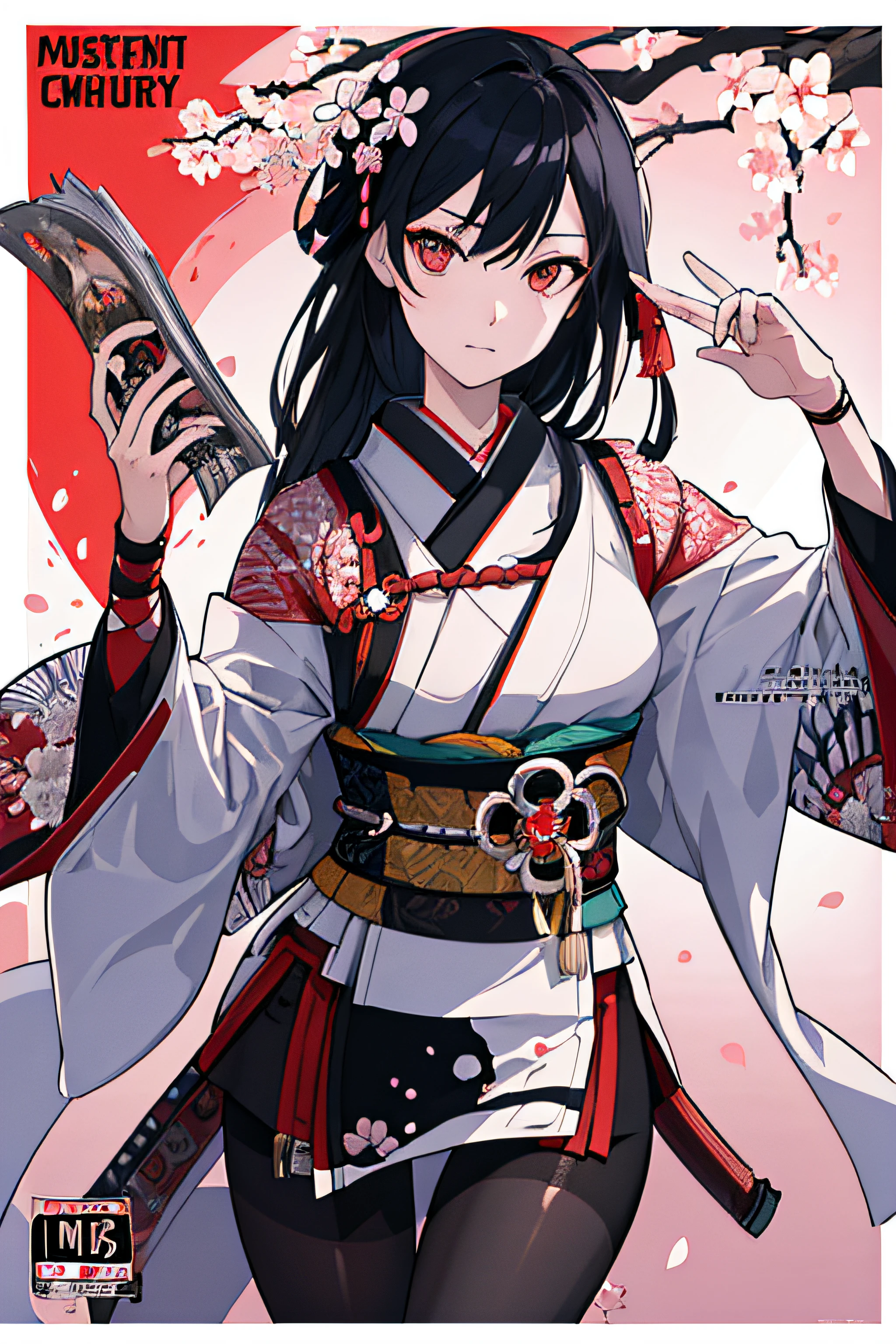 ((masterpiece, best quality)), highly detailed, sexy female ronin, samurai, cherry blossom flowers border, japanese tattoos, katana, japan, night, moonlight, vector style art, erotic, movie poster style, lettering, pantyhose, long hair, white pantyhose, black hair, looking at viewer, closed mouth, (magazine:1.3), (cover-style:1.3), fashionable, woman, vibrant, outfit, posing, front, colorful, dynamic, background, elements, confident, expression, holding, statement, accessory, majestic, coiled, around, touch, scene, text, cover, bold, attention-grabbing, title, stylish, font, catchy, headline, larger, striking, modern, trendy, focus, fashion,