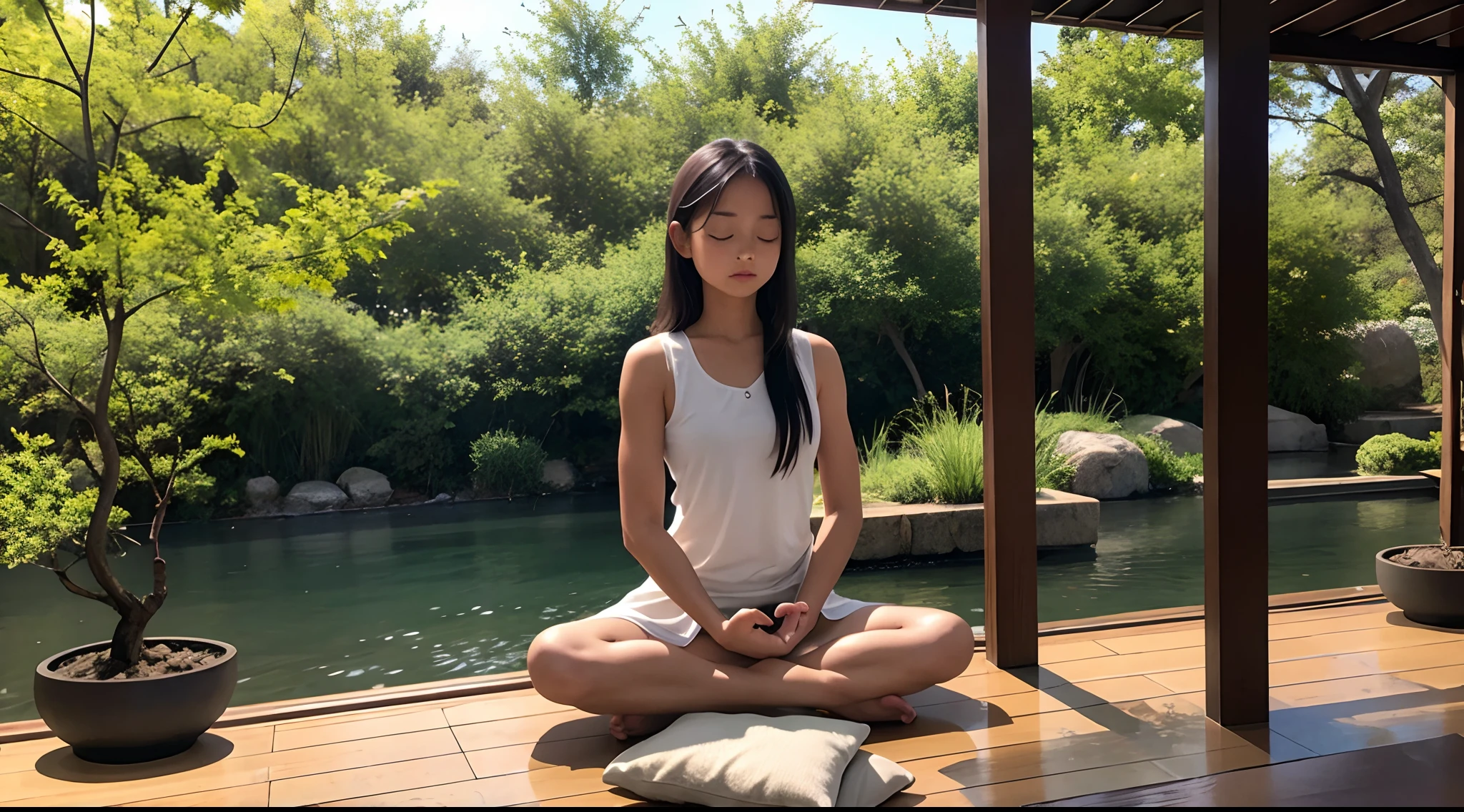 Create a prompt in English: A serene meditation space with a girl sitting in meditation.